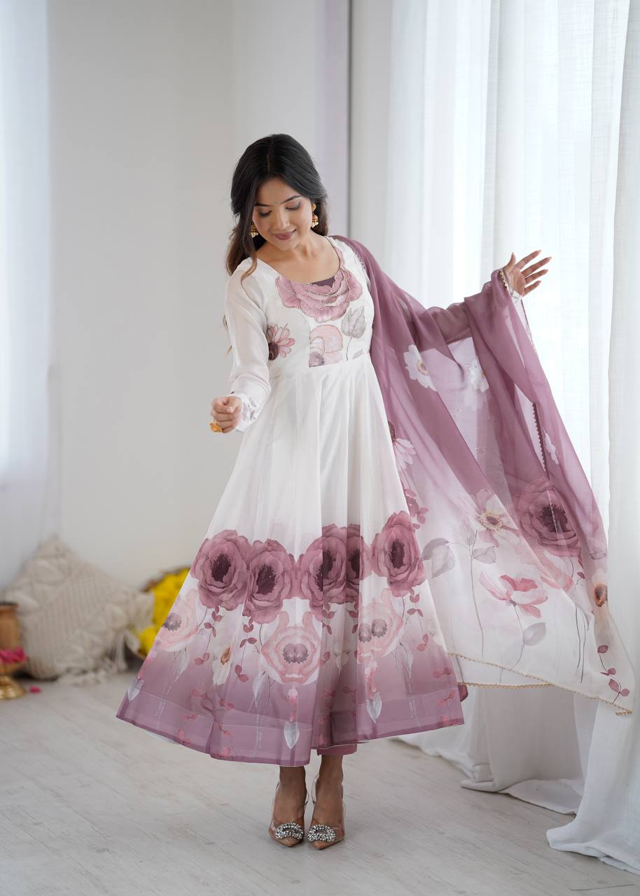 Beautiful Floral Position Outing Work Full Stitched Anarakali Gown