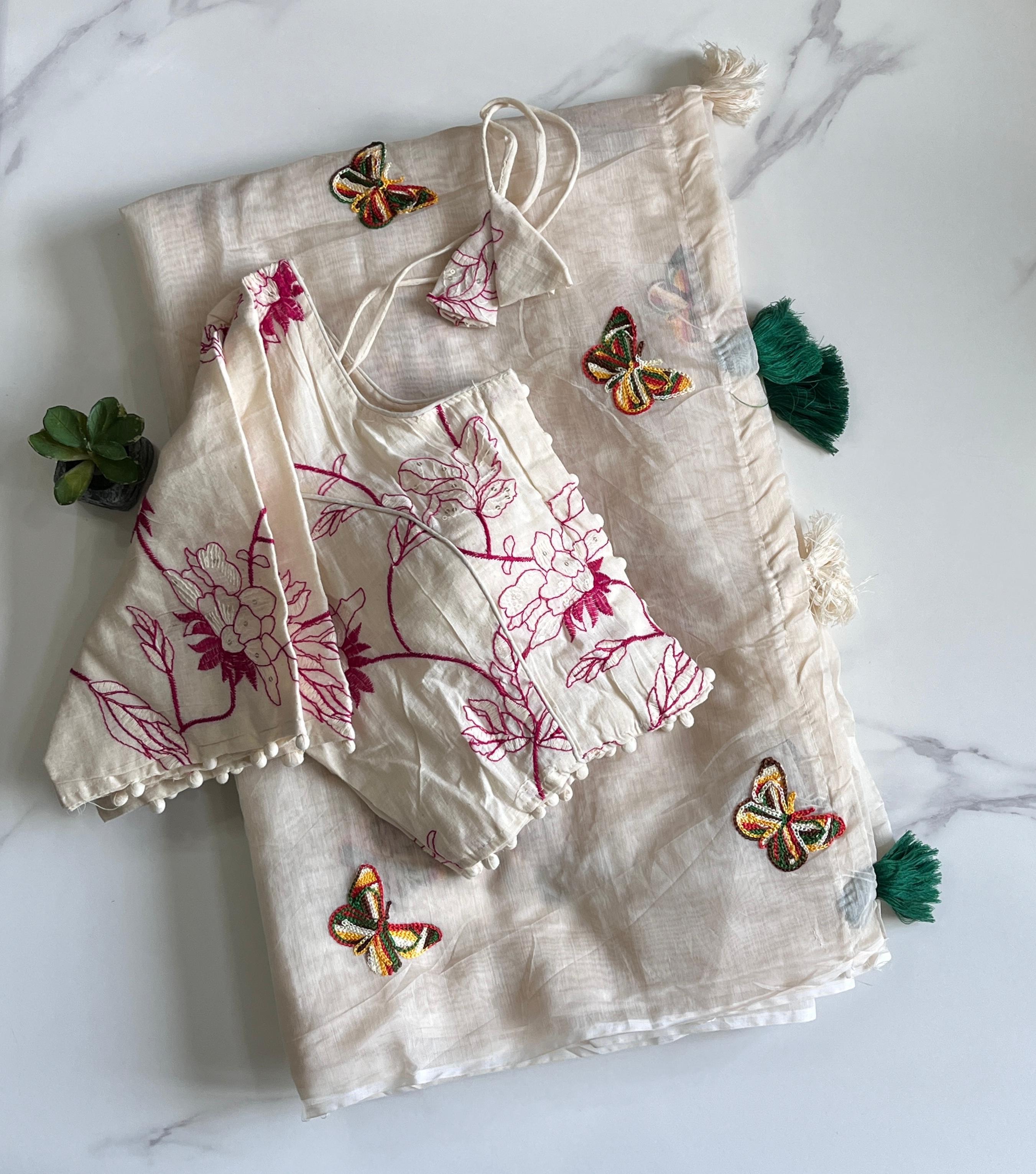 Pure Chanderi Cotton Fabric With Butterfly Work Saree