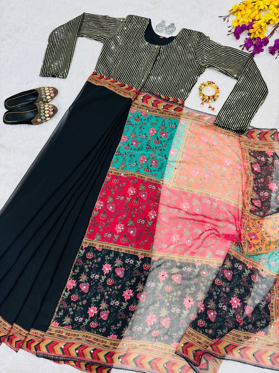 Embroidery 3mm sequins Work in Zip Gown