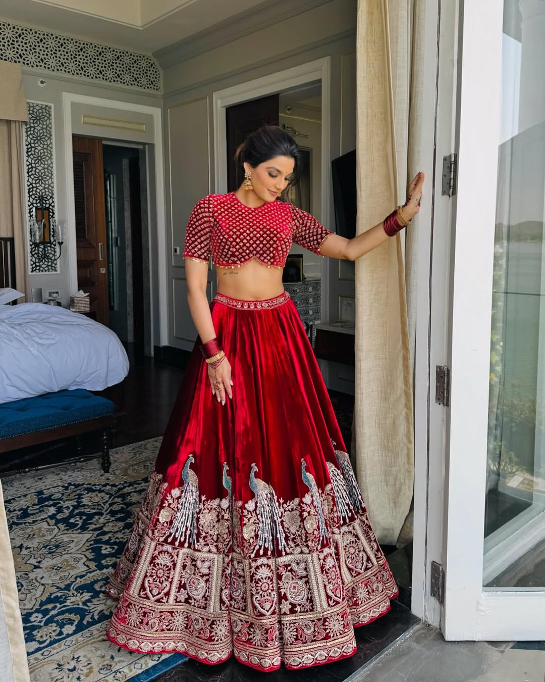 Wedding Special Red Velvet Thread With Sequence Work Attech With Cancan And Canvas Lehenga Choli