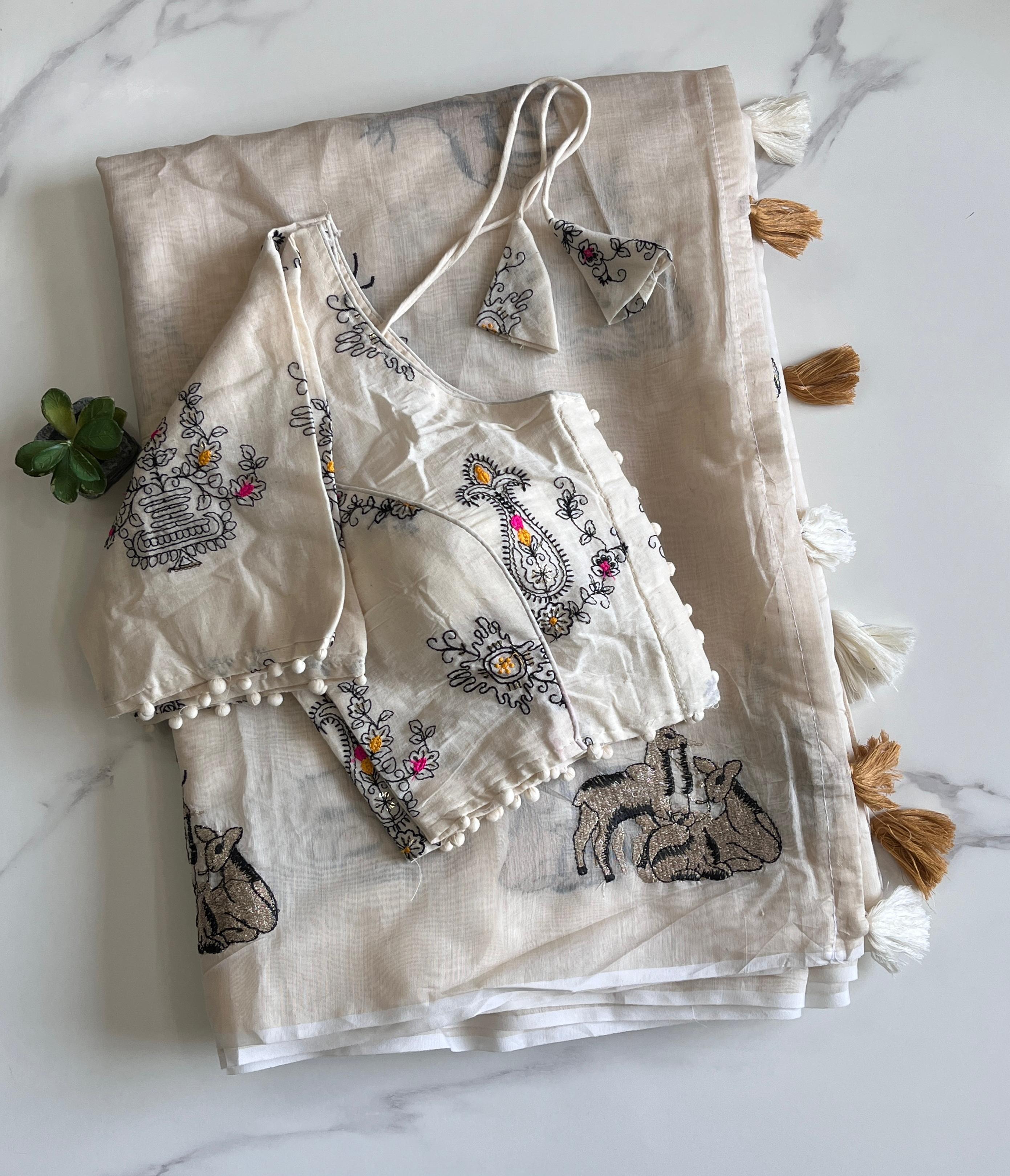Pure Chanderi Cotton Fabric With Butterfly Work Saree