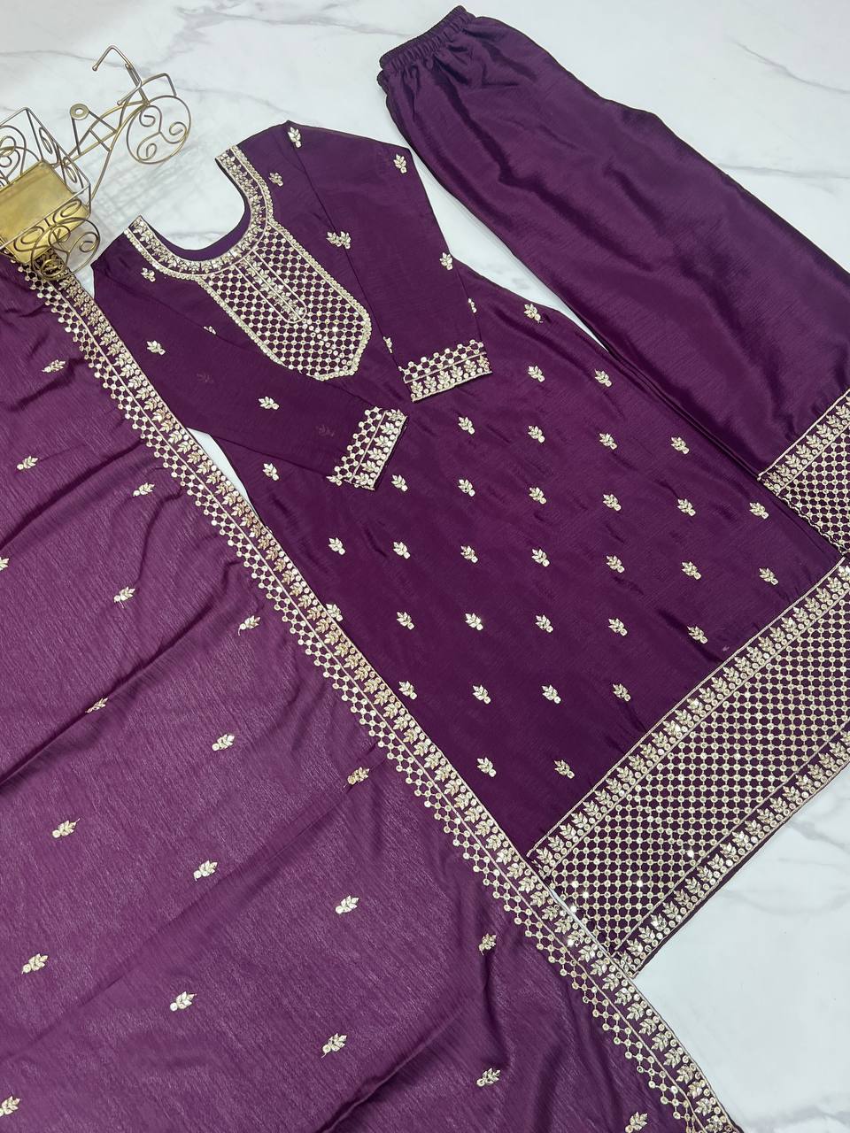 Pure Chinon Silk Woth Embroidery Sequence And Jari Work Kurti