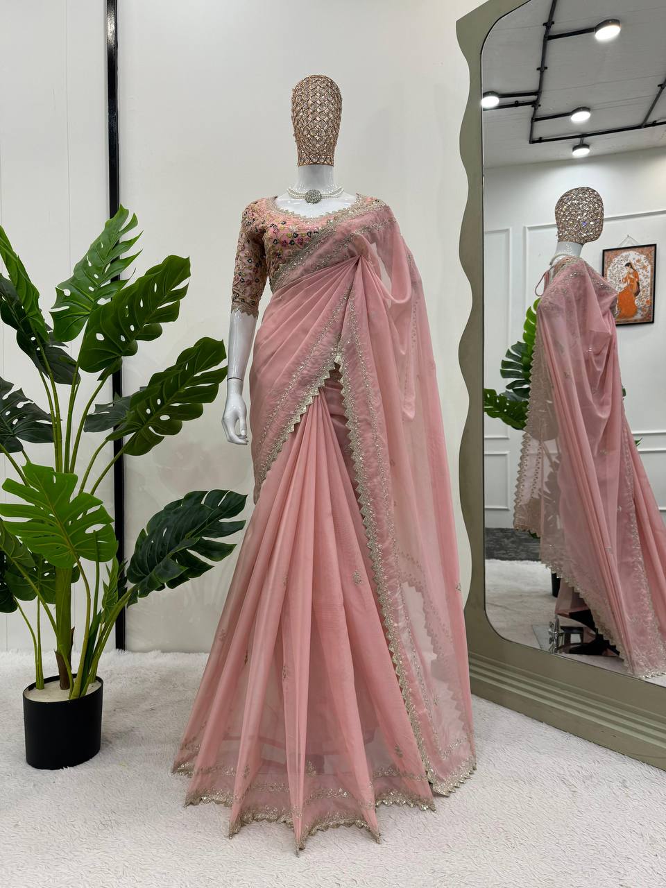 Designer Silk Thred & Sequnce Work With Fancy Lace Work Saree