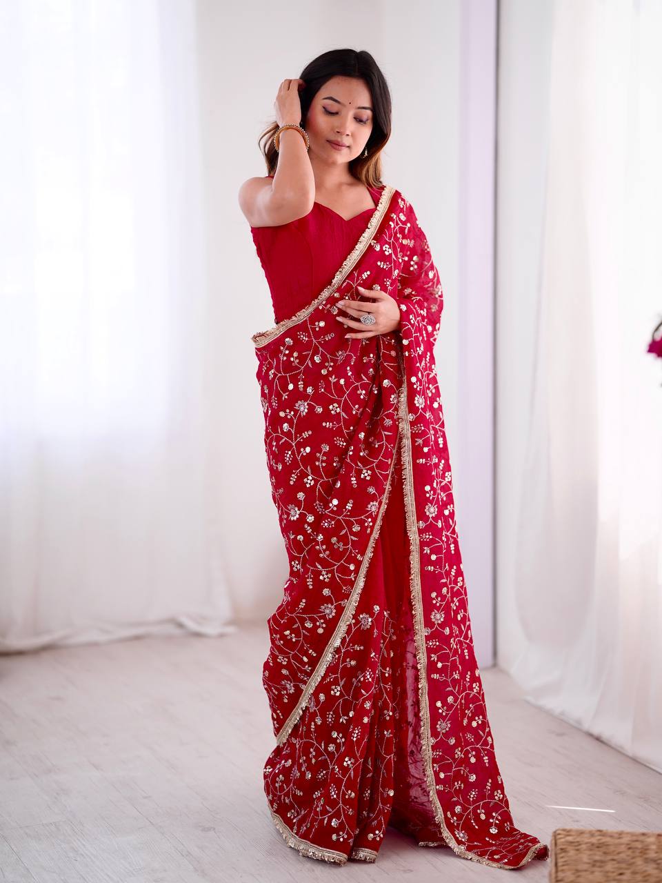 Embroidery Sequnce Work With Lace Border in Saree