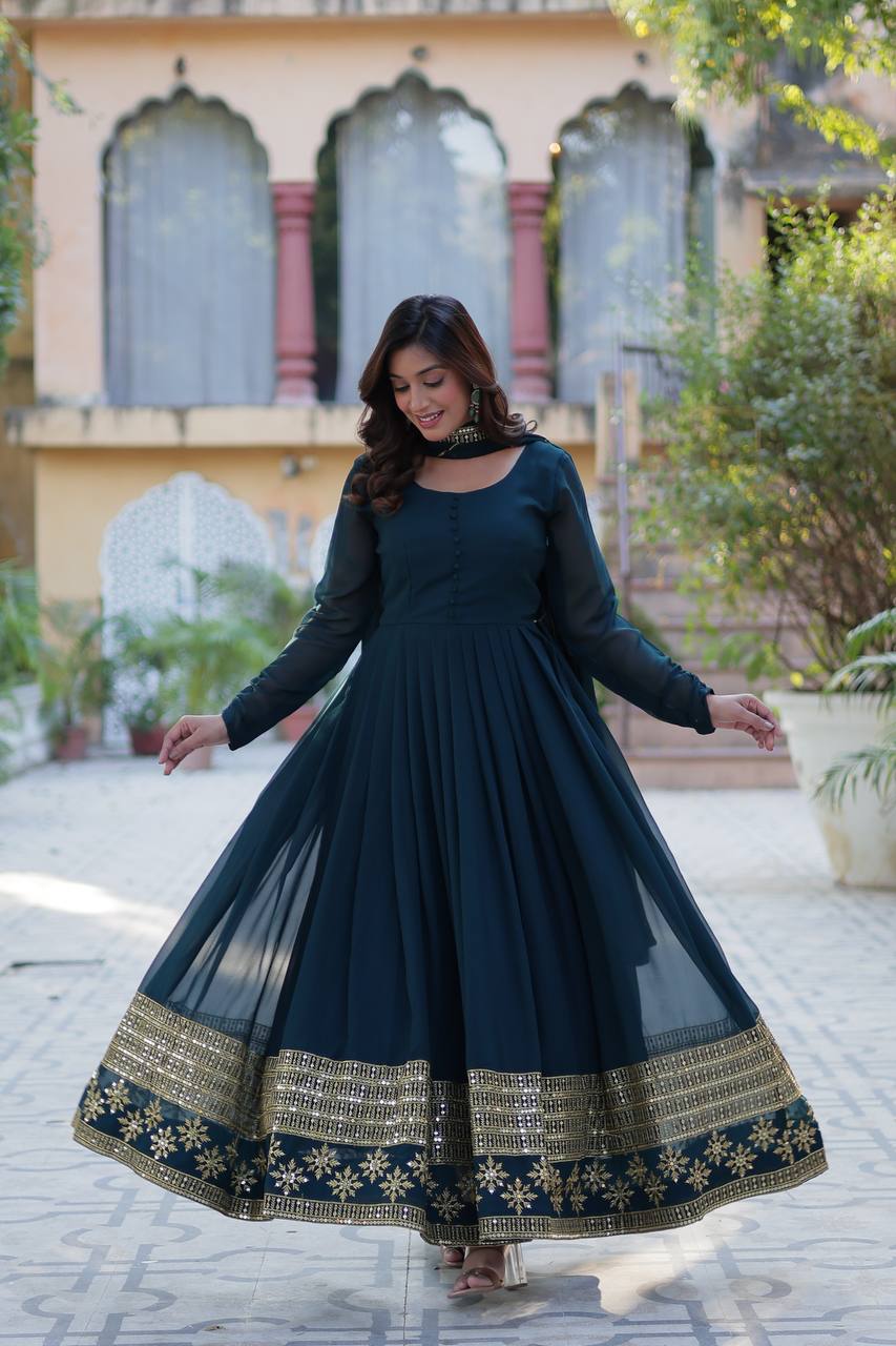 Multi-Sequins Embroidered work With  Faux Blooming Gown