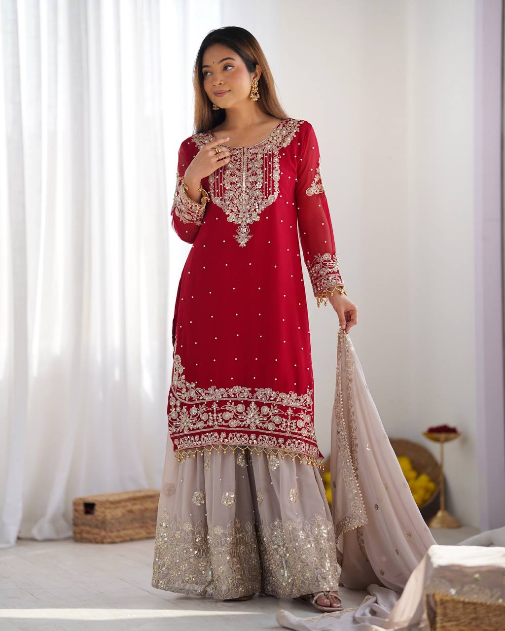 Heavy faux Georgette Embroidery With Dori Sequence Work Top Plazzo