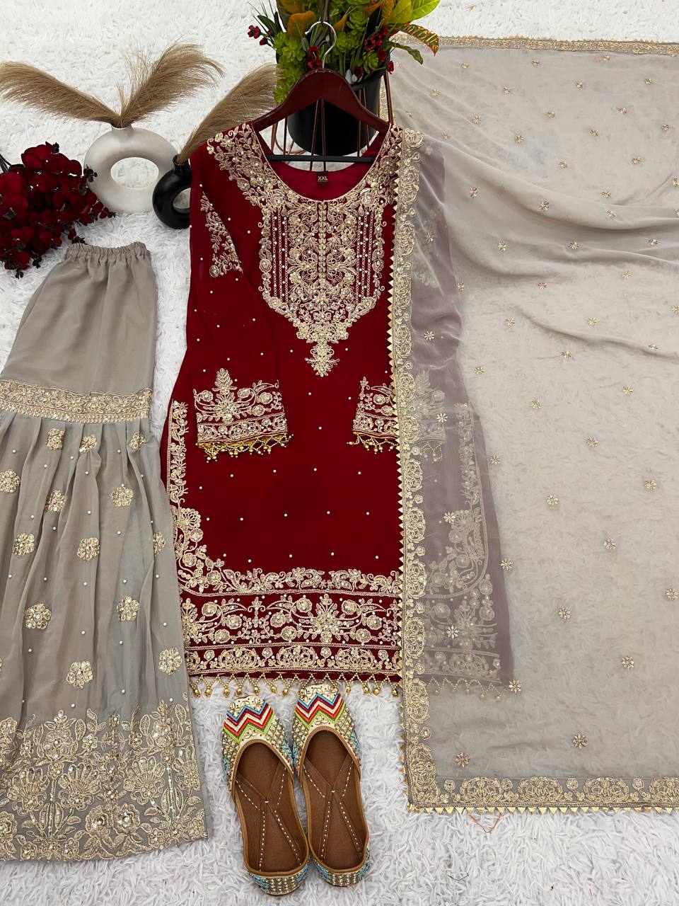 Heavy faux Georgette Embroidery With Dori Sequence Work Top Plazzo