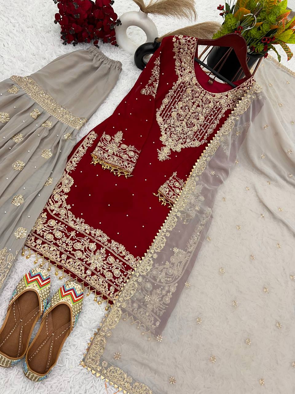 Heavy faux Georgette Embroidery With Dori Sequence Work Top Plazzo
