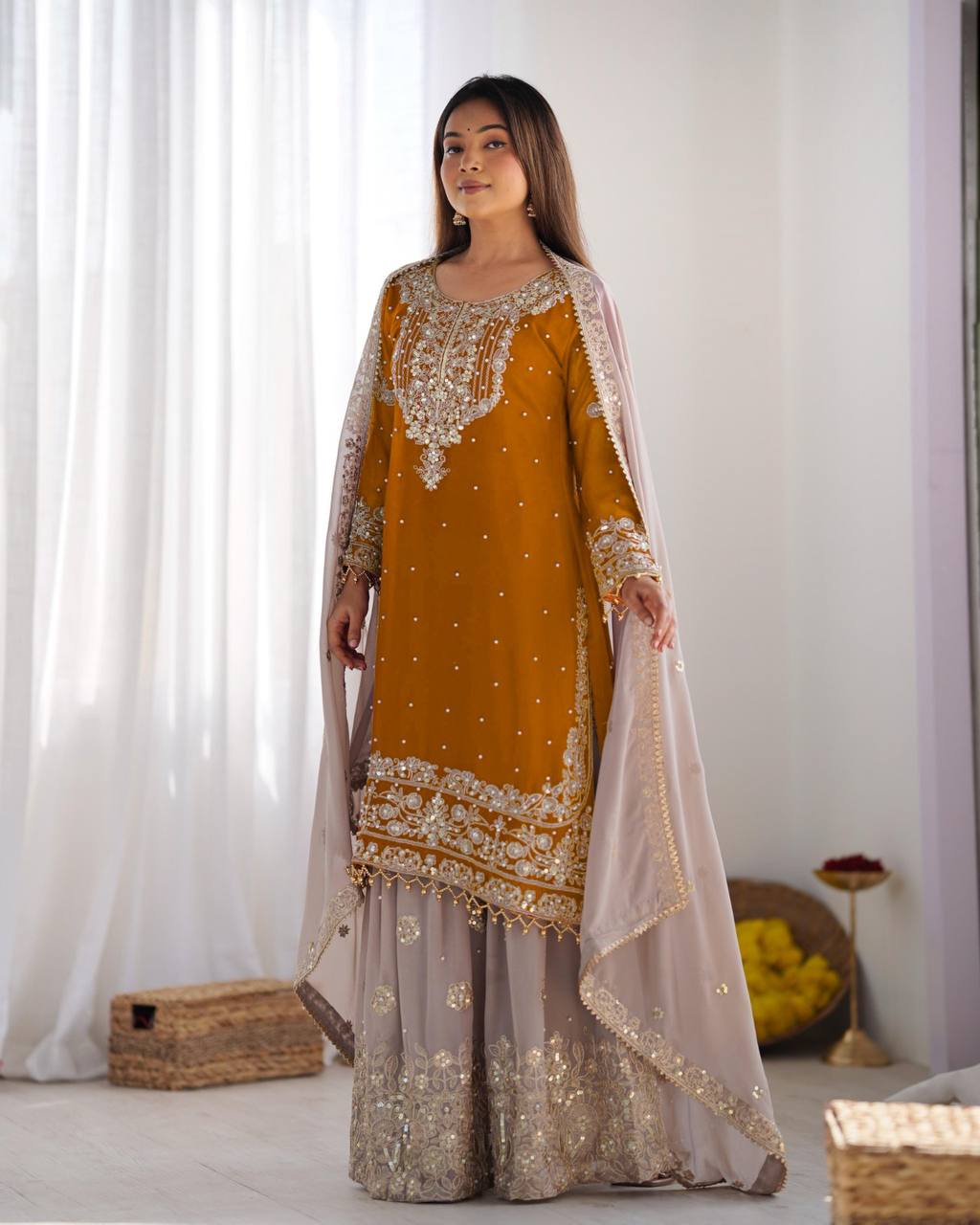Heavy faux Georgette Embroidery With Dori Sequence Work Top Plazzo