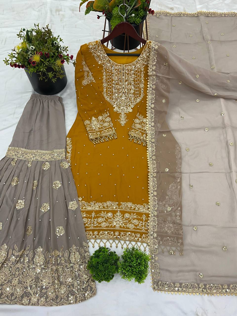 Heavy faux Georgette Embroidery With Dori Sequence Work Top Plazzo