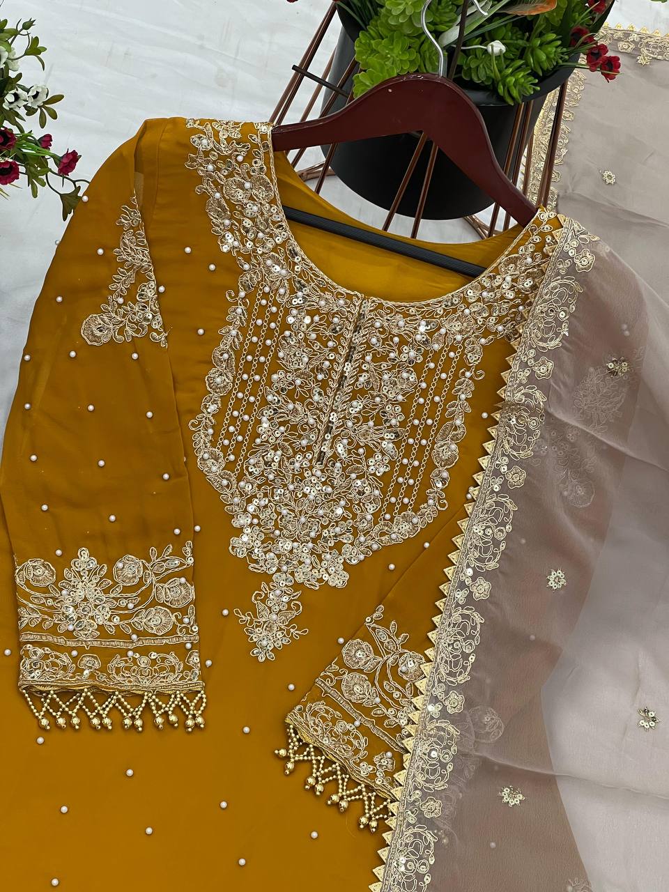 Heavy faux Georgette Embroidery With Dori Sequence Work Top Plazzo