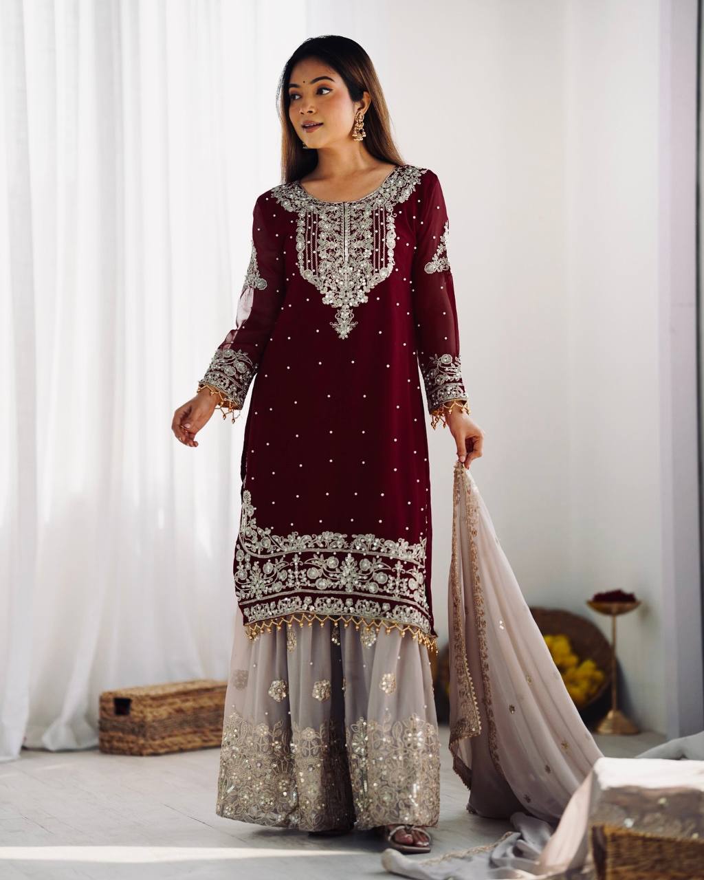 Heavy faux Georgette Embroidery With Dori Sequence Work Top Plazzo