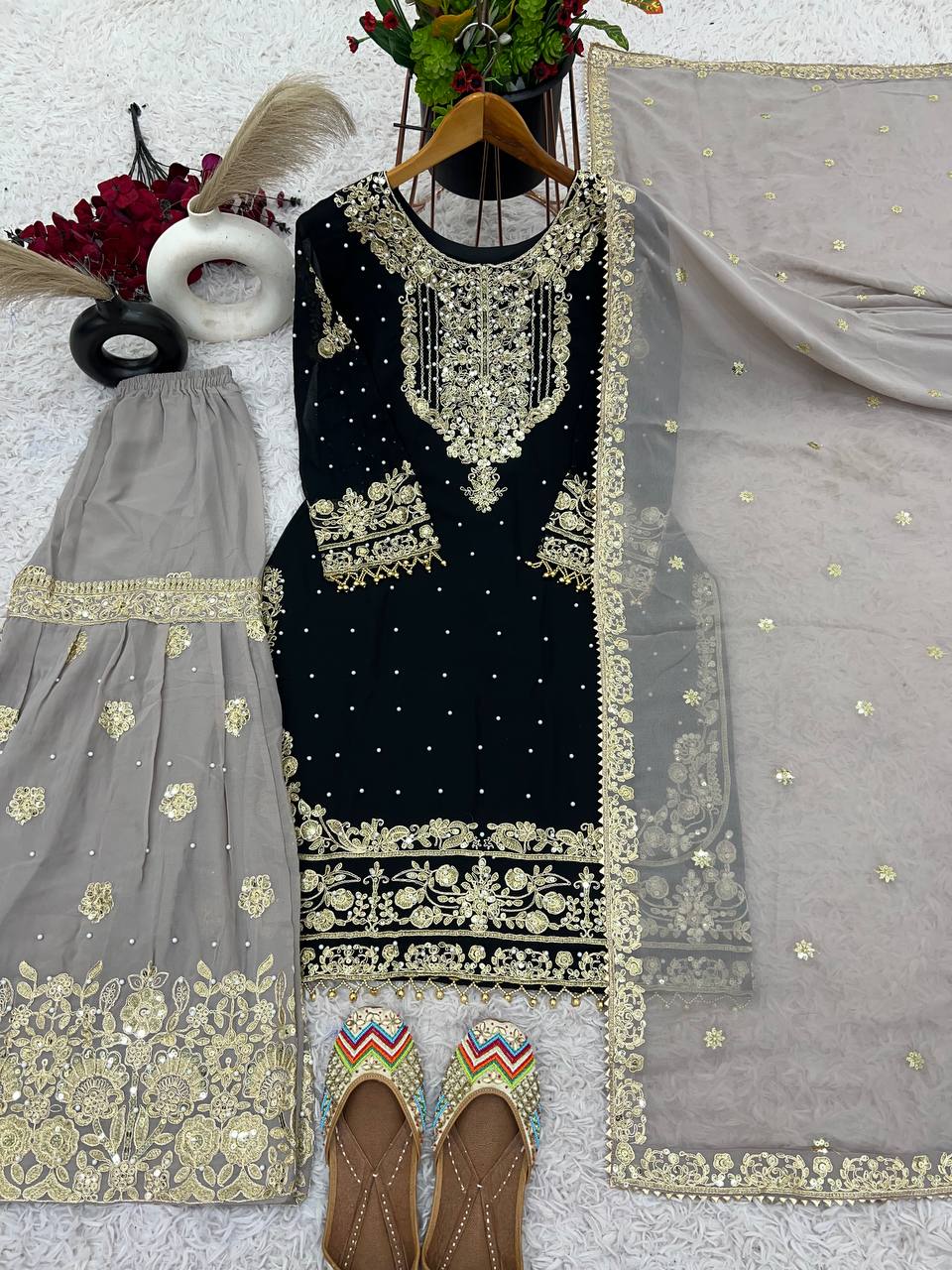 Heavy faux Georgette Embroidery With Dori Sequence Work Top Plazzo