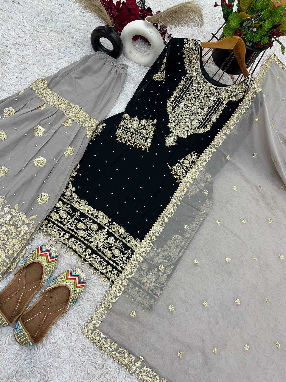 Heavy faux Georgette Embroidery With Dori Sequence Work Top Plazzo