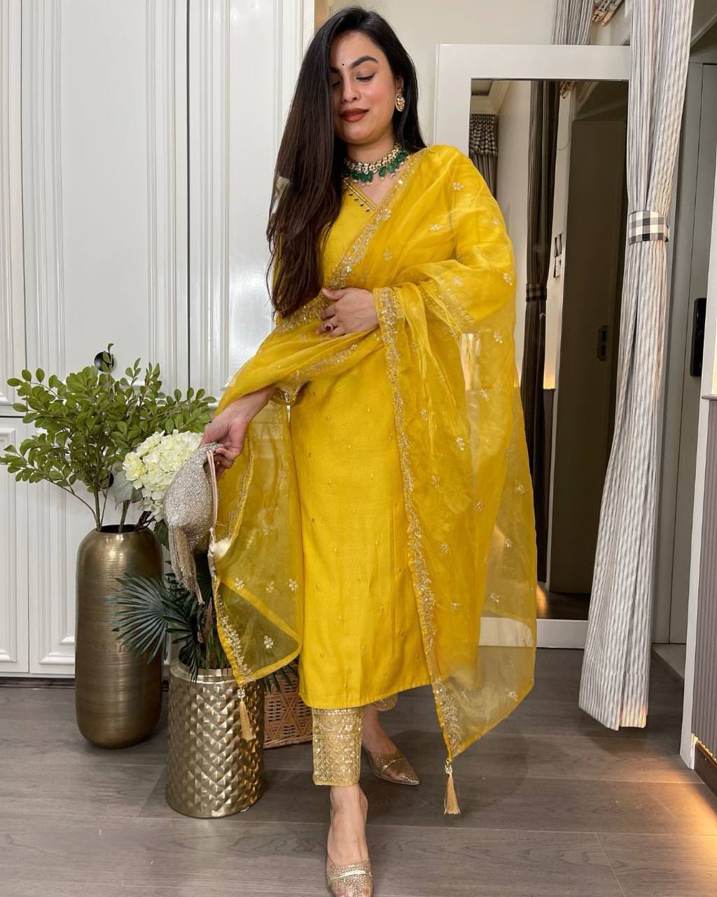 ROMAN SILK SEQUENCE EMBROIDERY WITH ORIGINAL MIRROR WORK KURTI SET