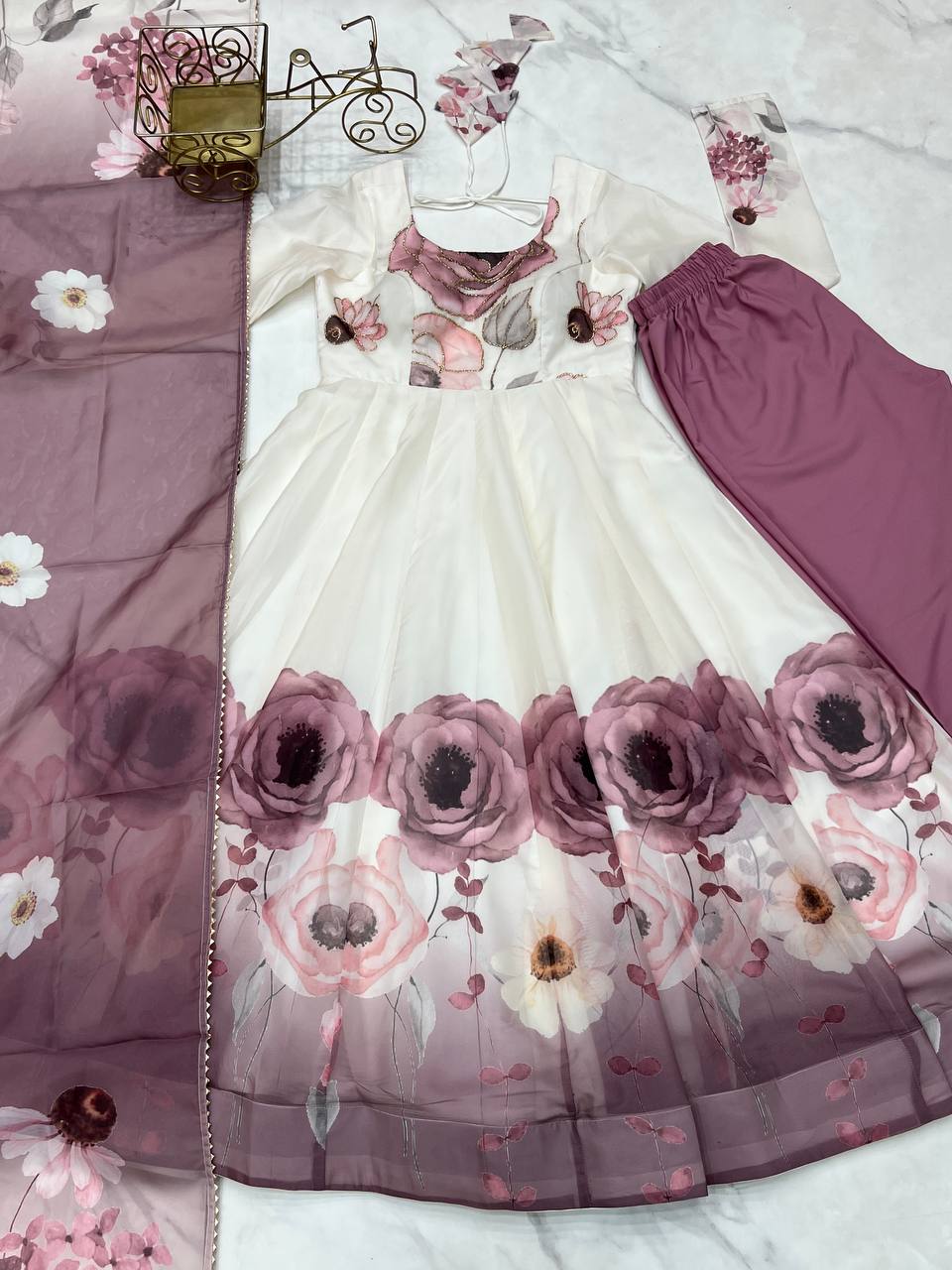 Beautiful Floral Position Outing Work Full Stitched Anarakali Gown