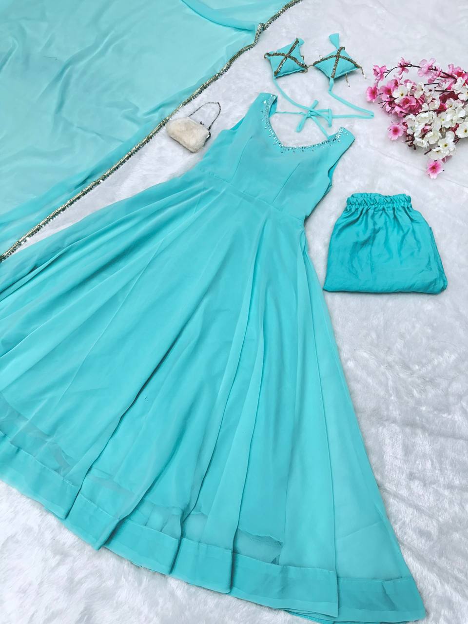 Georgette With Huge Flair And Butter SIlk Fabric With Mirror Lace Work Border Anarkali