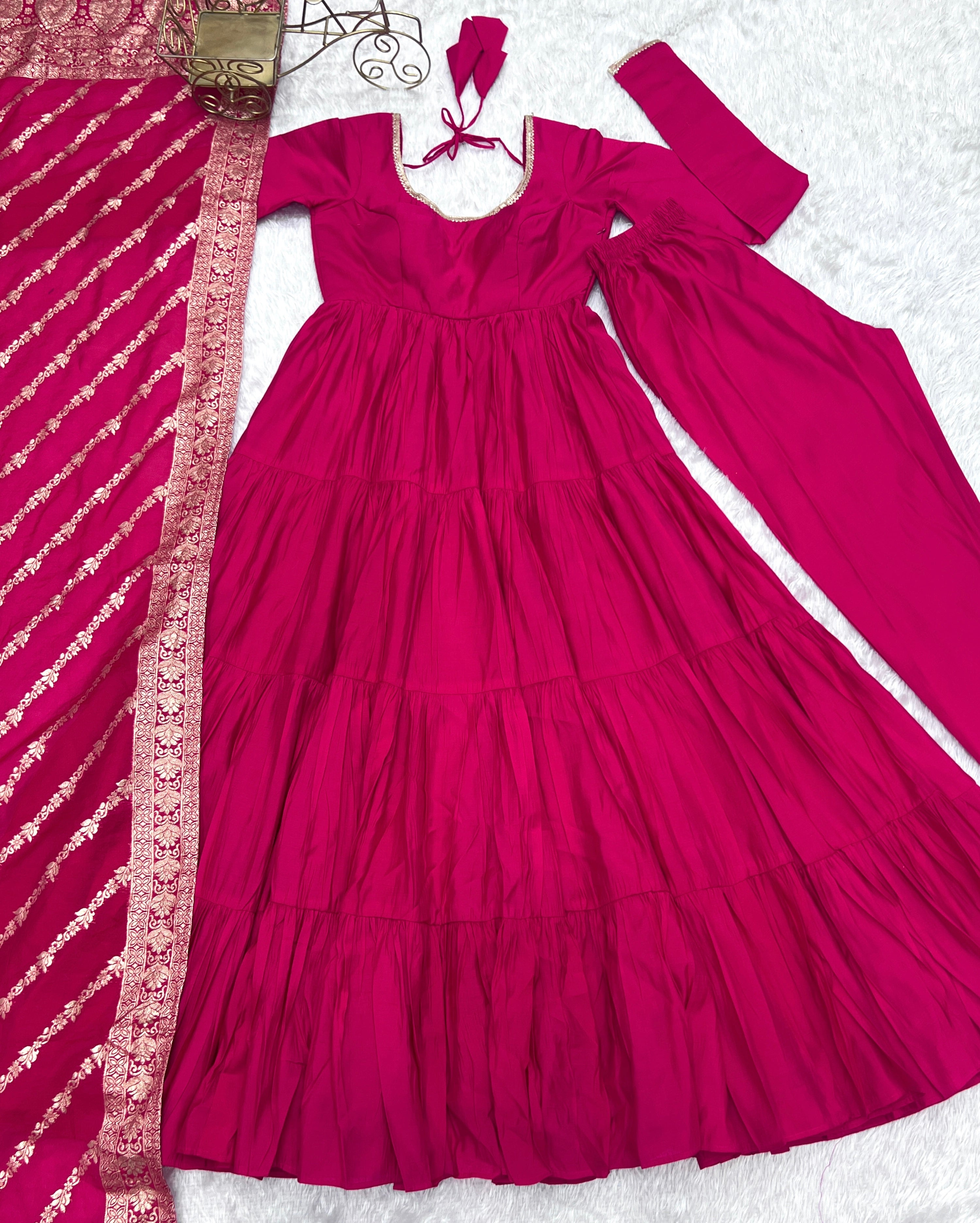 New Roman Silk Fabric Anarkali with Dupatta and Pant Set