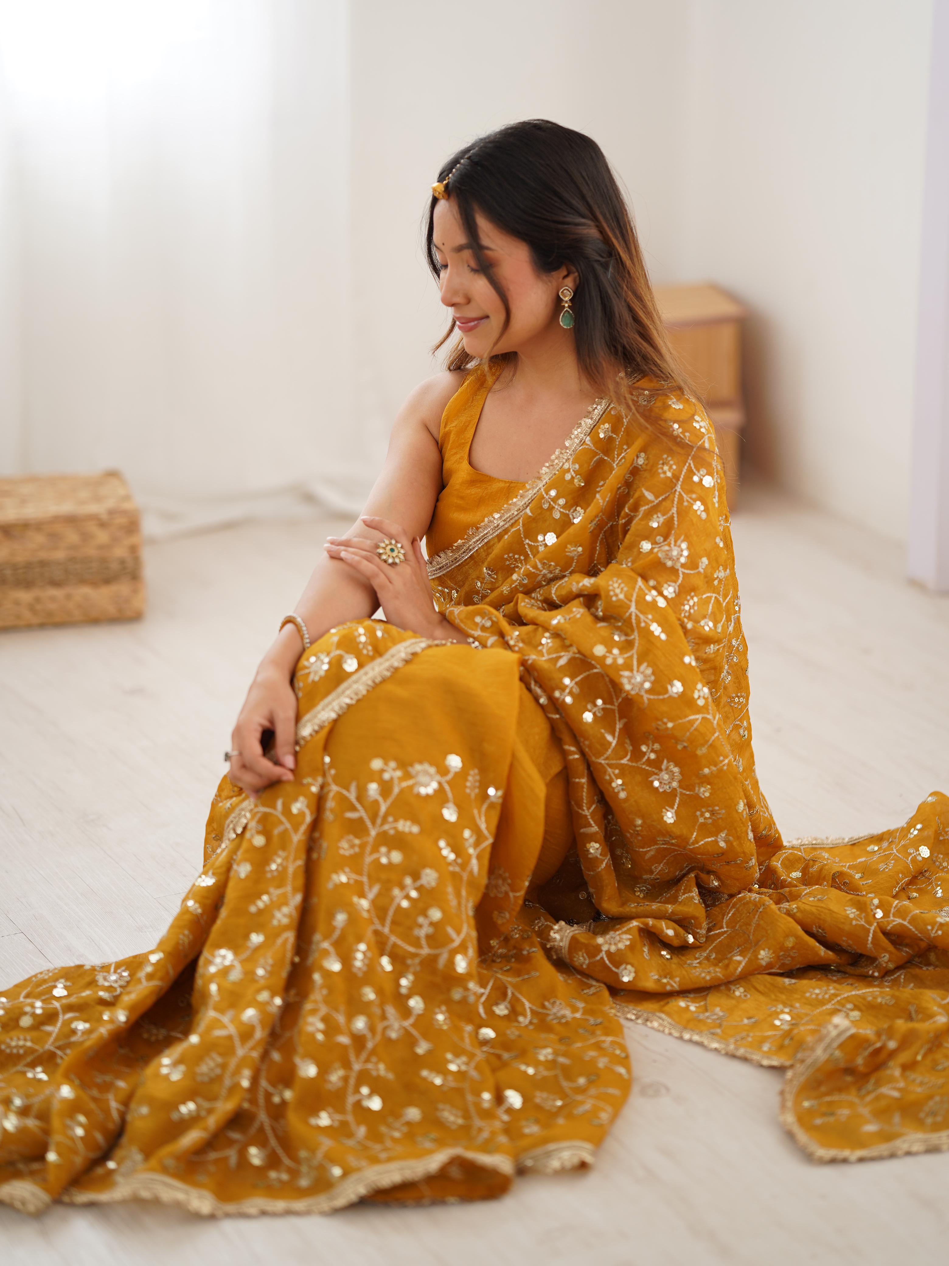 Embroidery Sequnce Work With Lace Border in Saree