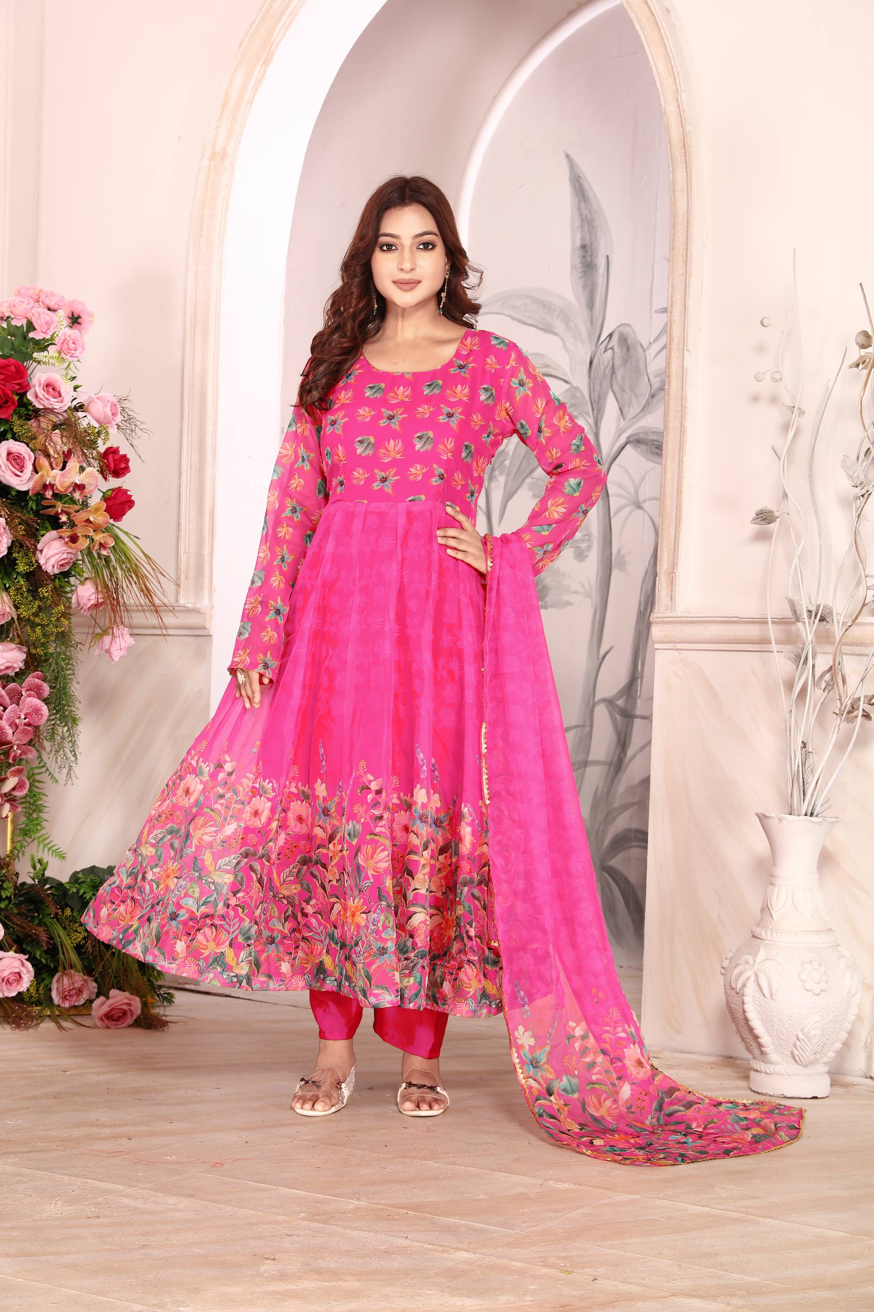 Heavy Pure Tebby Froral Printed Fabric in Anarkali