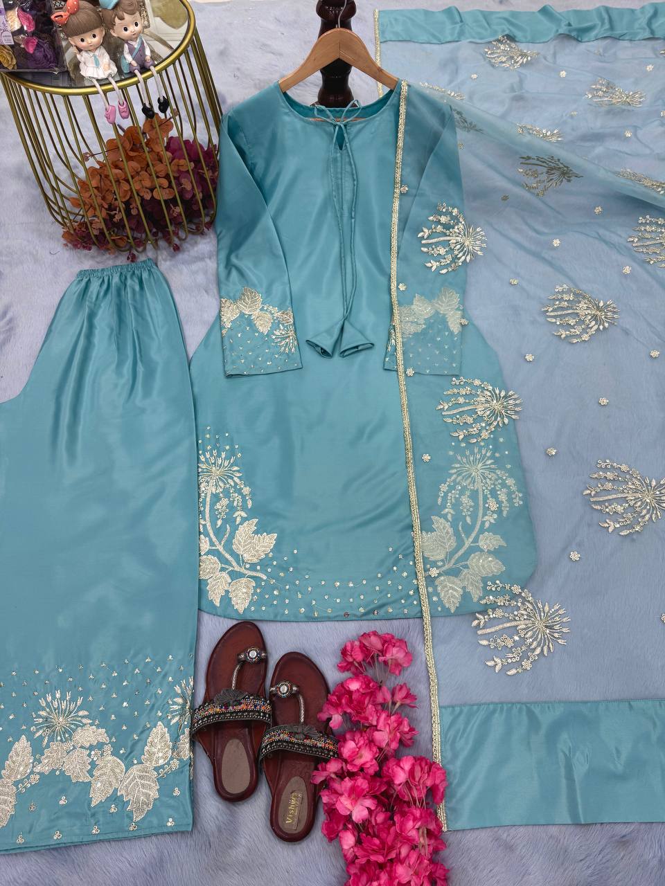 Embroidery 5 mm Sequence Work With Sleeves With Tassels Work in Top