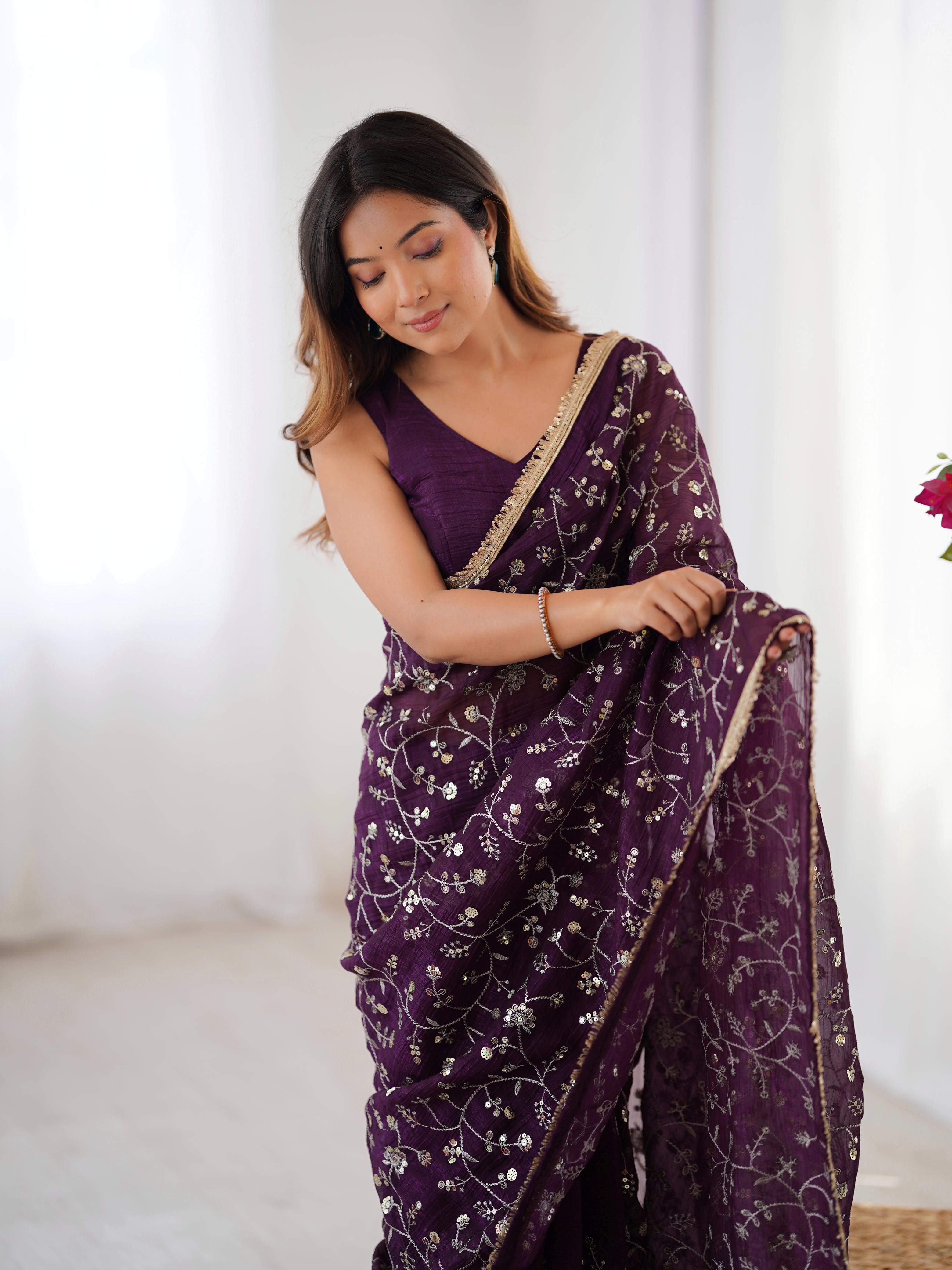 Embroidery Sequnce Work With Lace Border in Saree