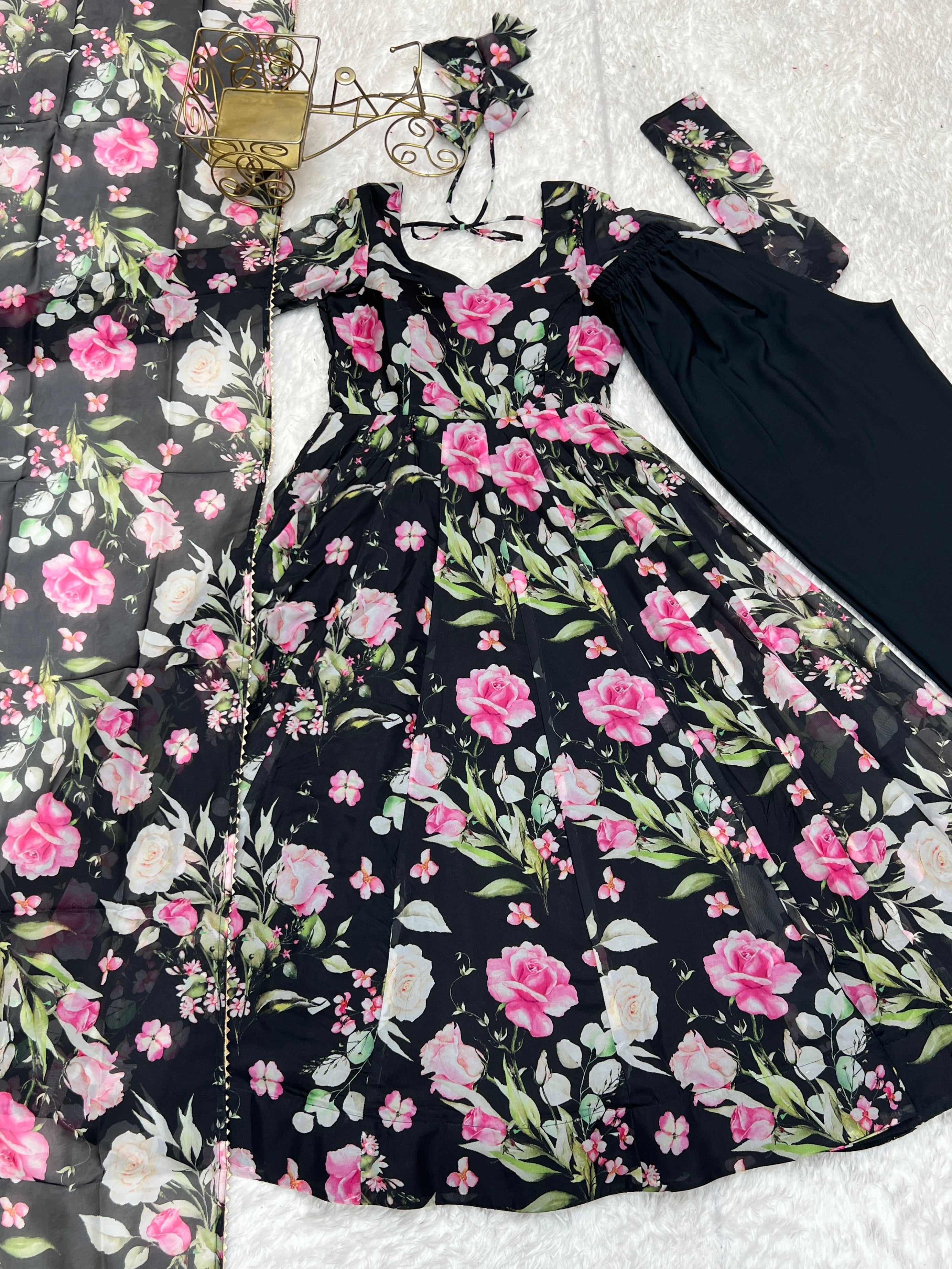 Heavy Soft Organza Silk Floral Print With Full Stitched And Zipper Attech Gown
