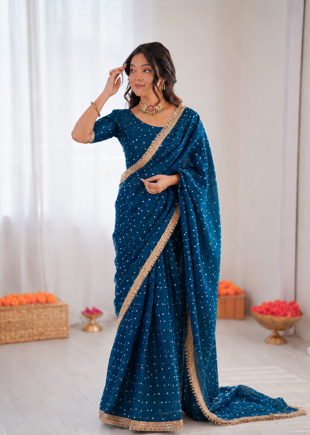 Beautiful Soft Rich Moss Fendy Chiffon Silver Jhari Work Saree – Sasta ...