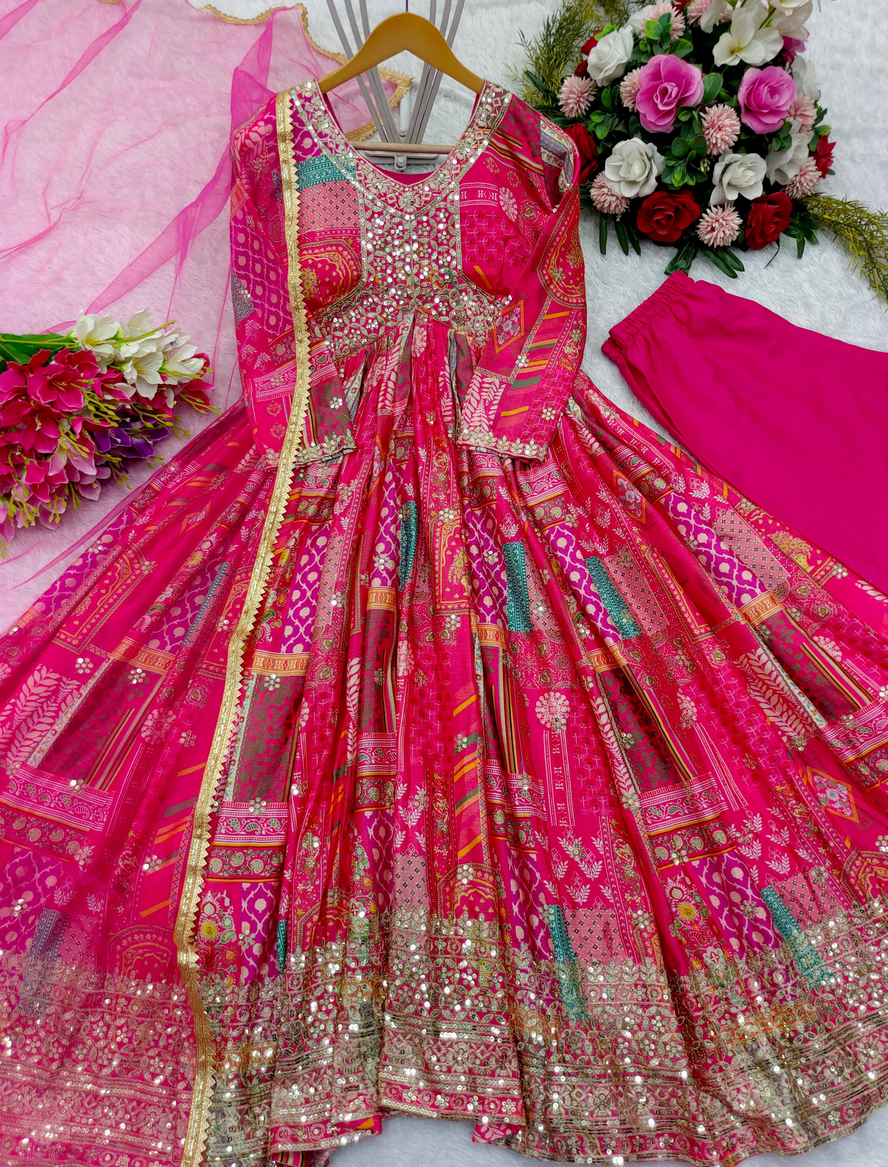 Pink Color Chinon Silk With Digital Print Work Gown