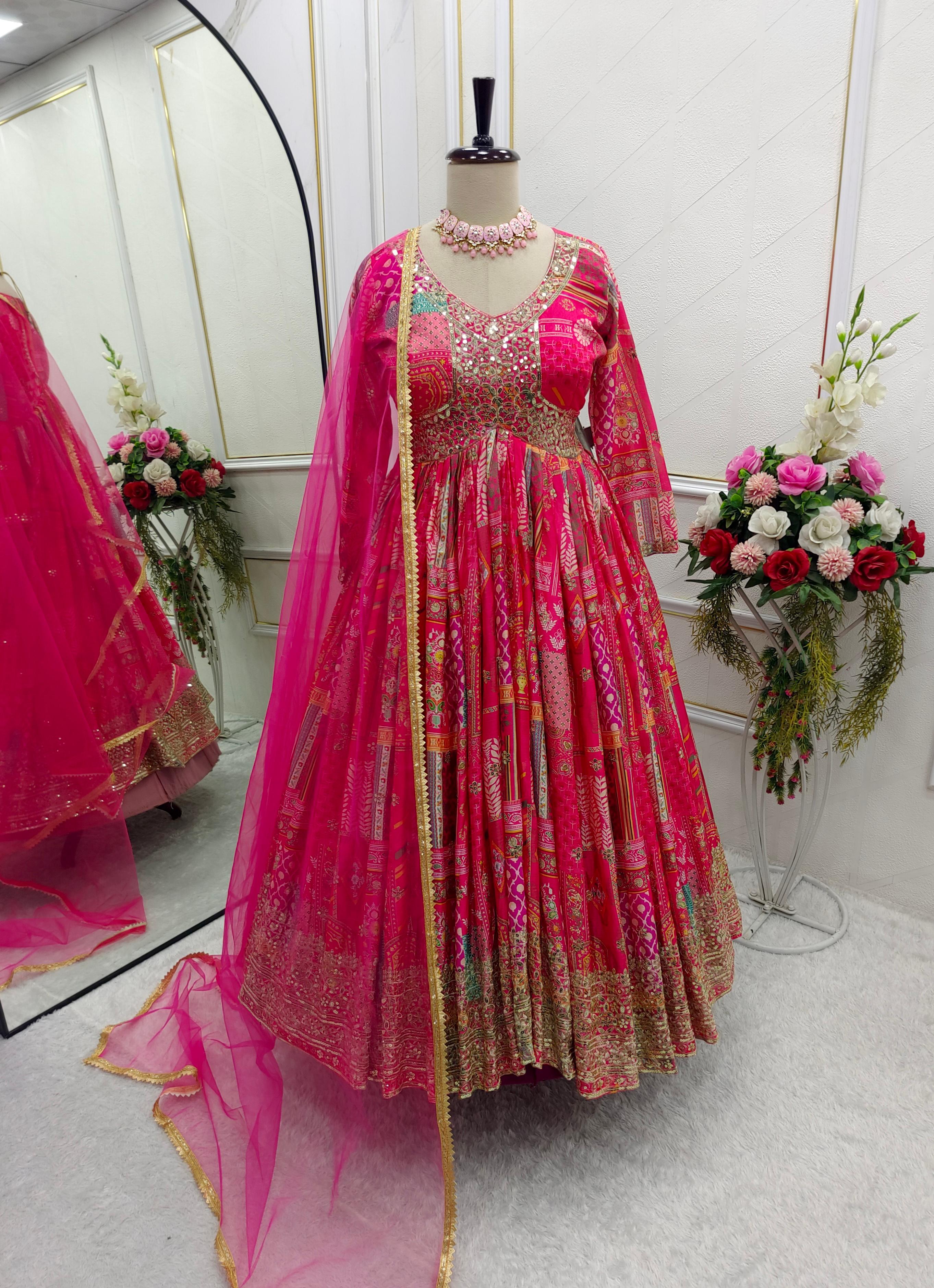 Pink Color Chinon Silk With Digital Print Work Gown