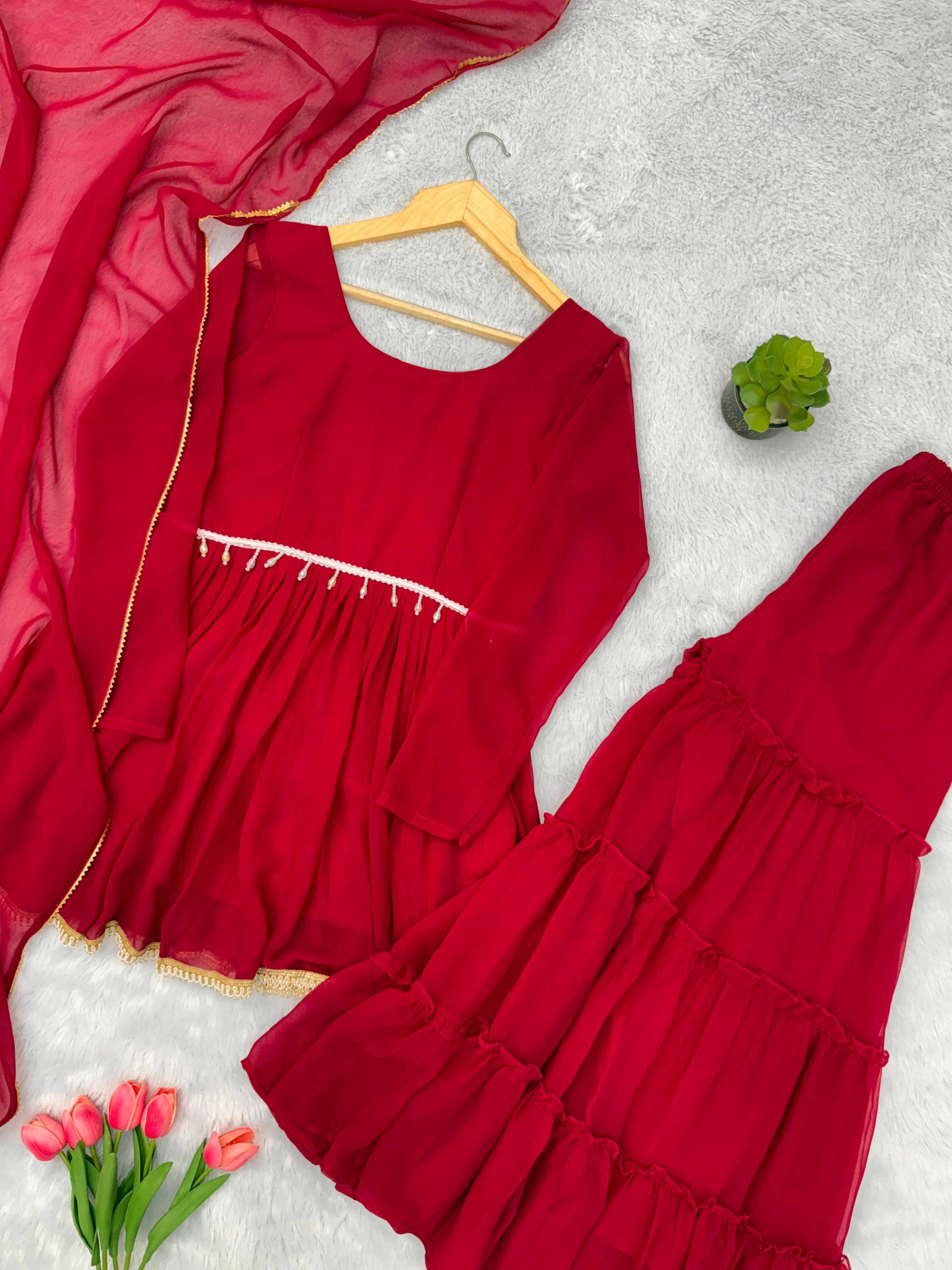 Red Color Pure Soft Fabric Micro Cotton Kediya Kurti With Plazzo