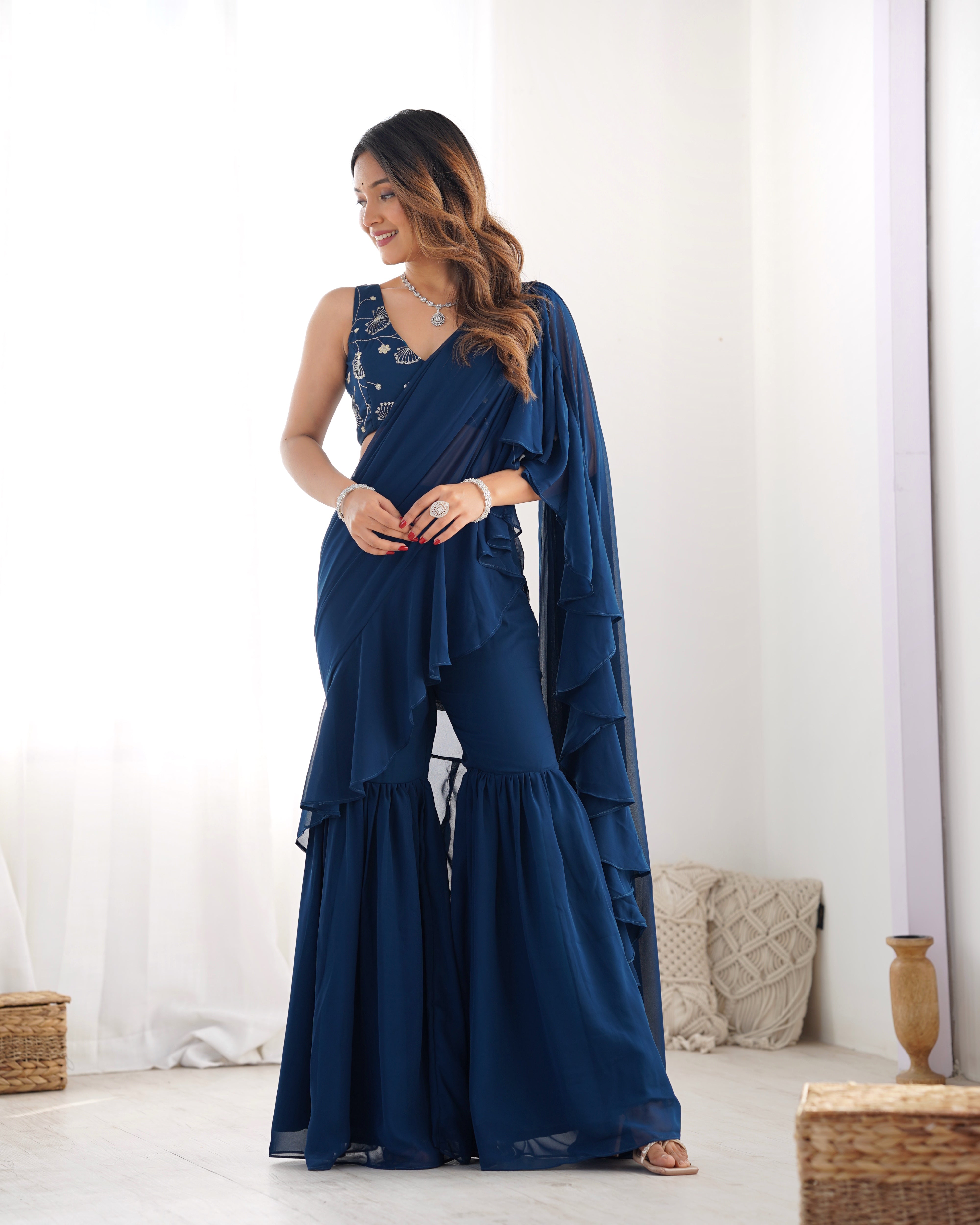 Pure Fox Georgette With Plain Work Sharara Saree