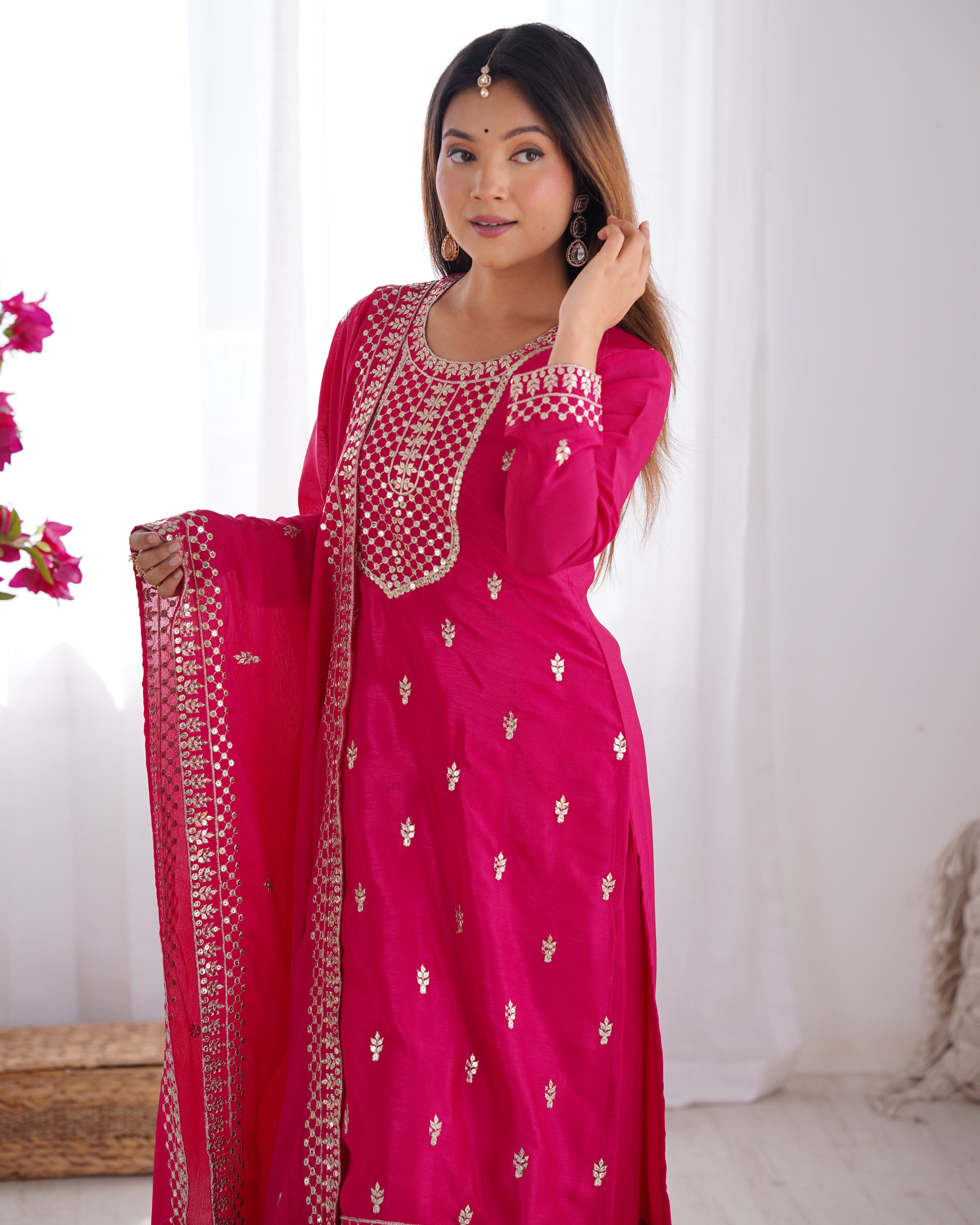 Pure Chinon Silk Woth Embroidery Sequence And Jari Work Kurti