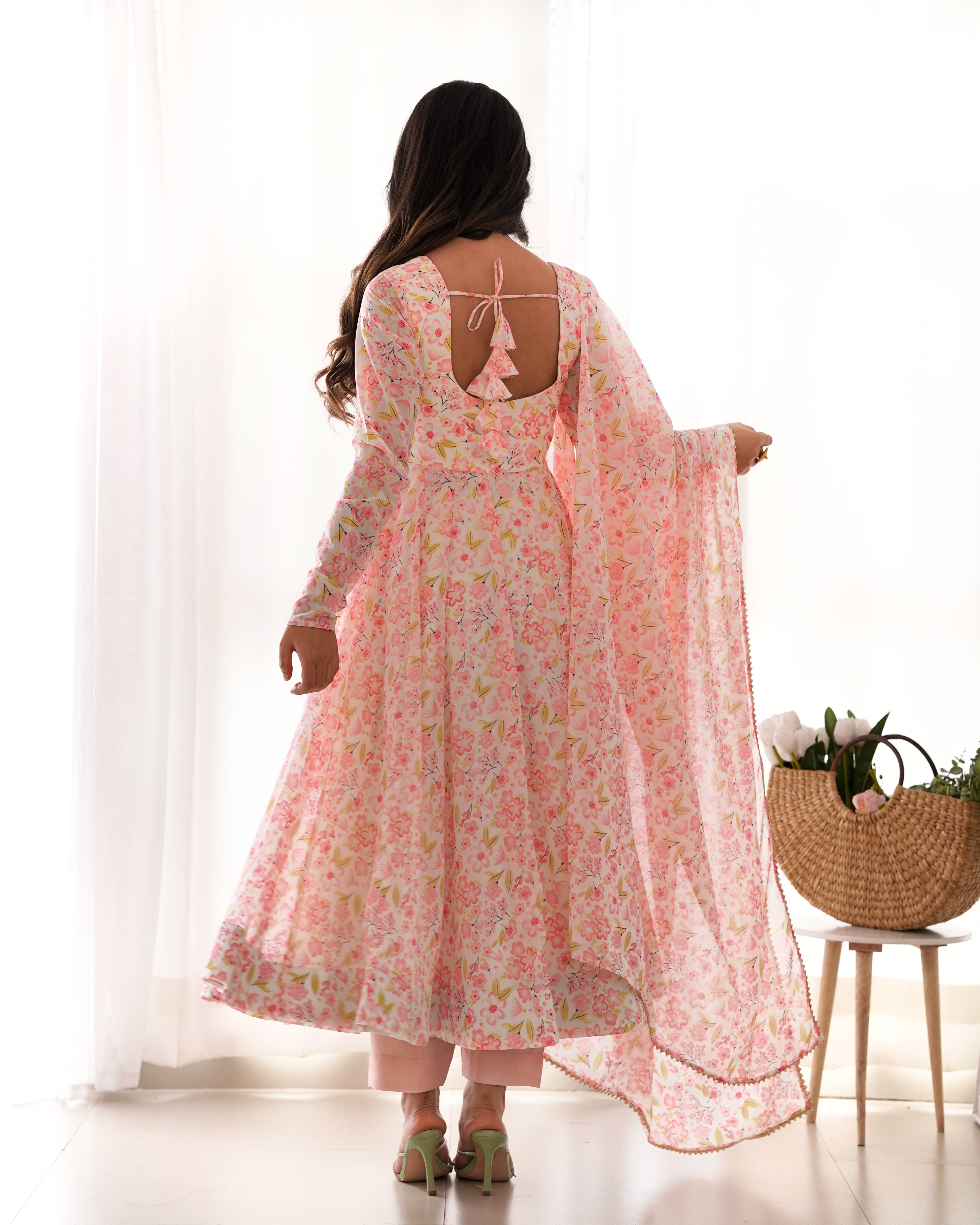 Orange Chiffon Floral Print Anarakali