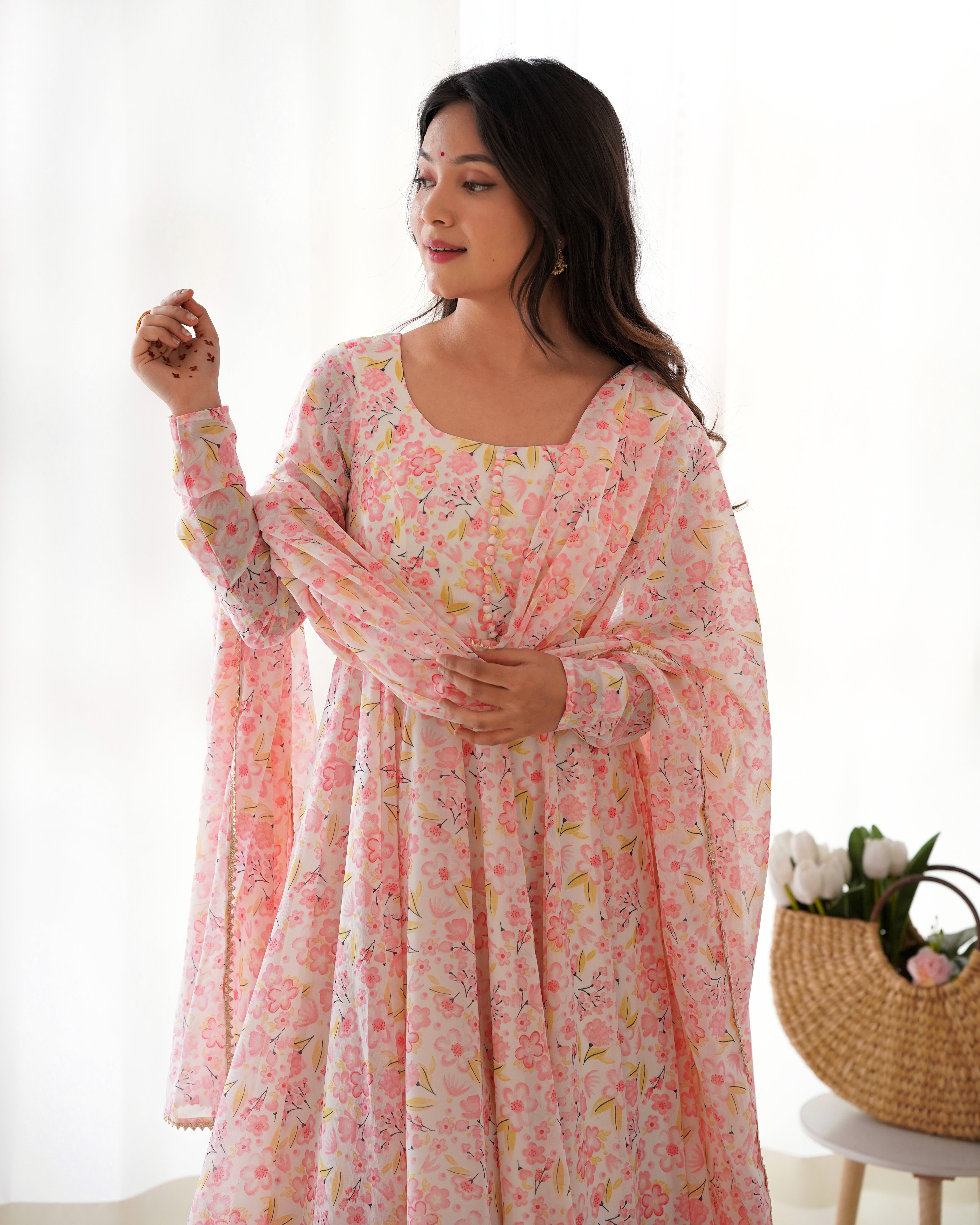 Orange Chiffon Floral Print Anarakali