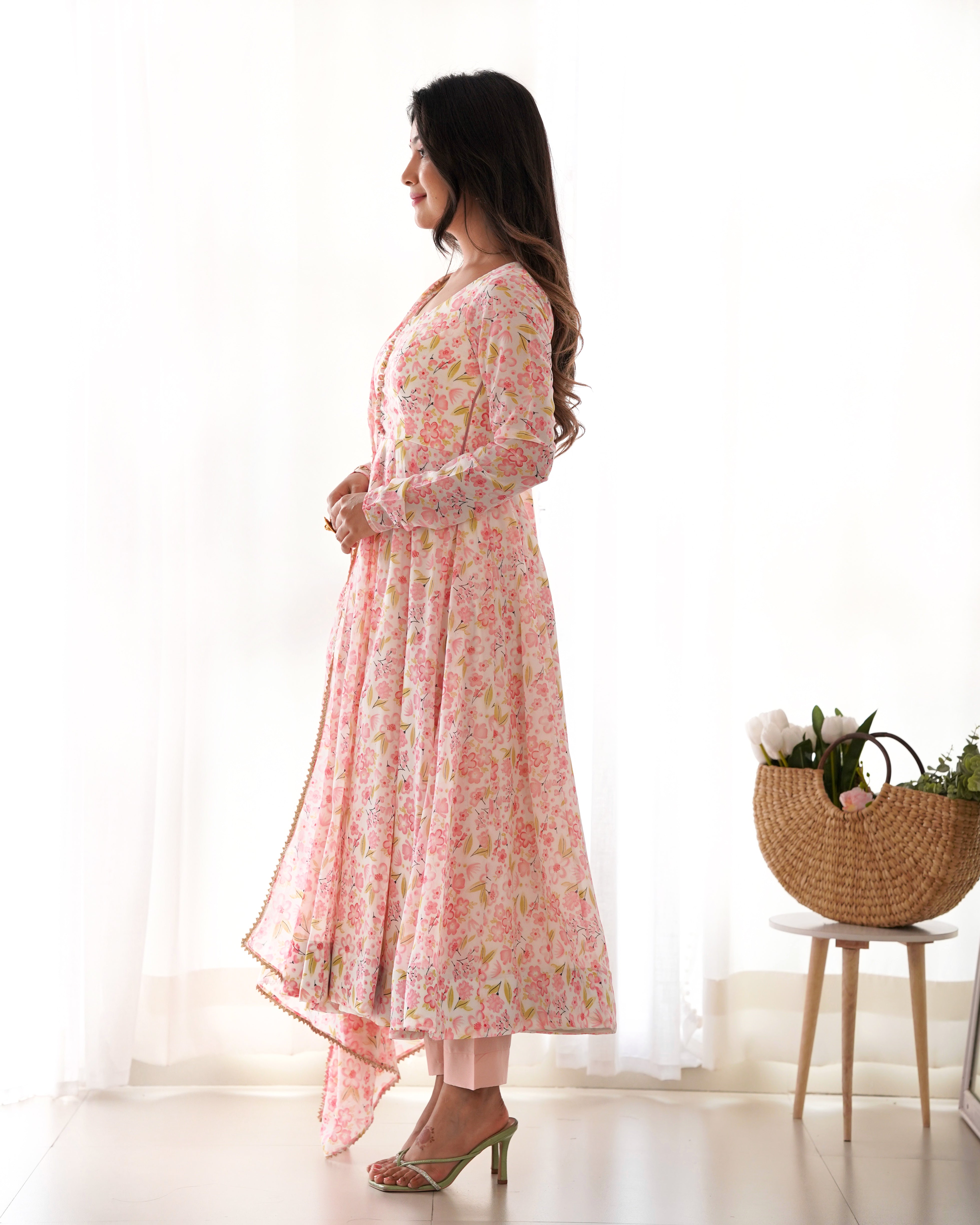 Orange Chiffon Floral Print Anarakali