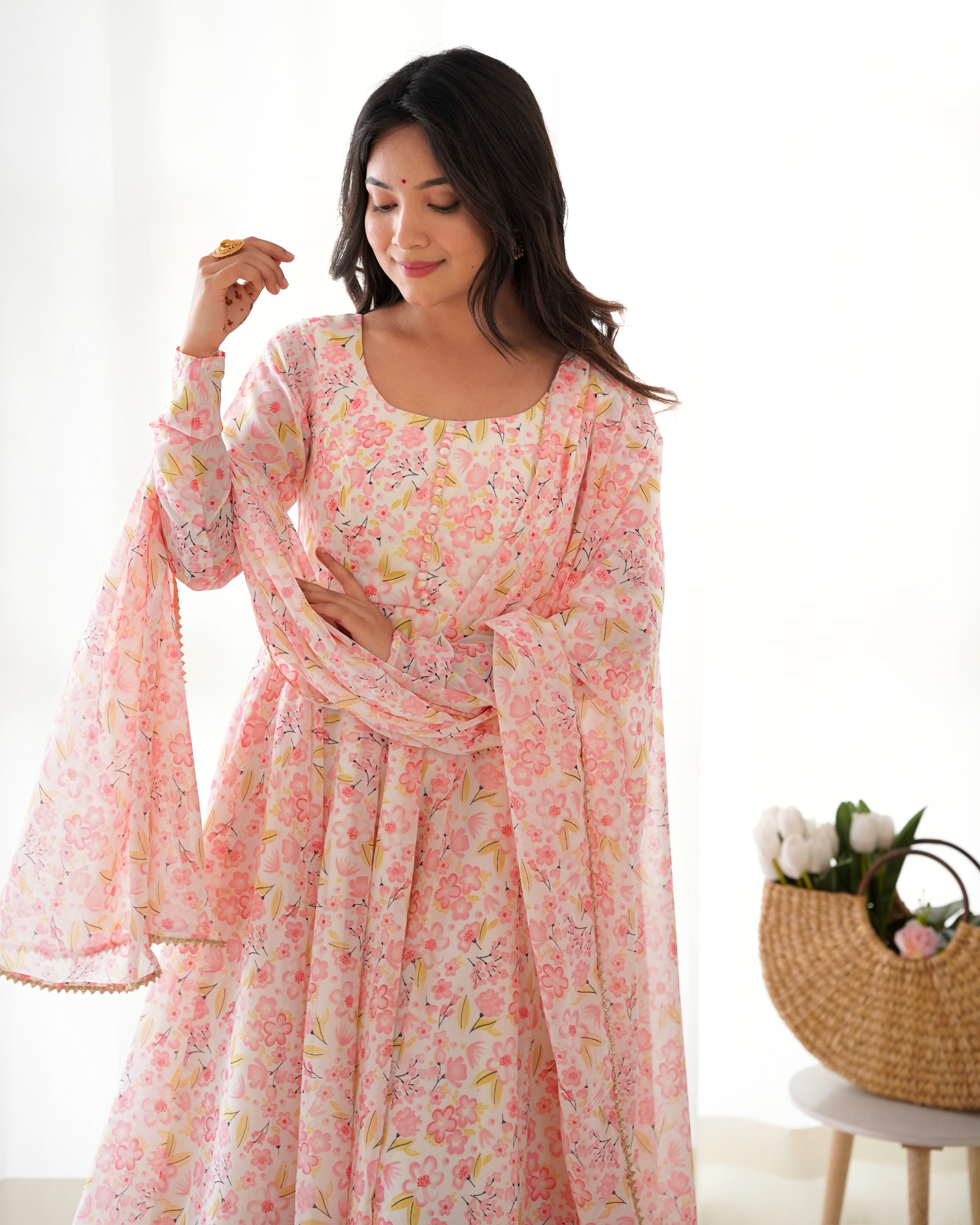 Orange Chiffon Floral Print Anarakali