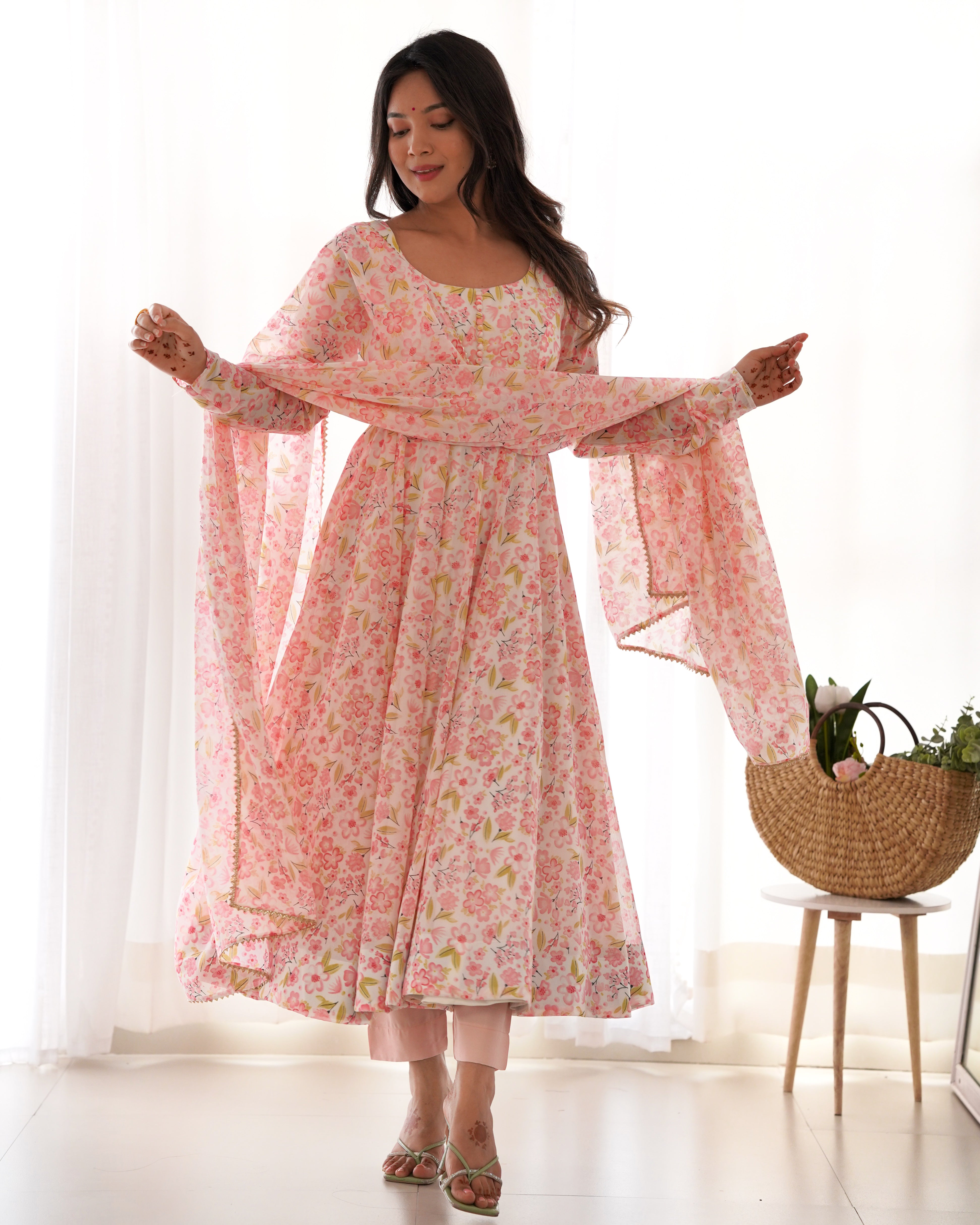 Orange Chiffon Floral Print Anarakali