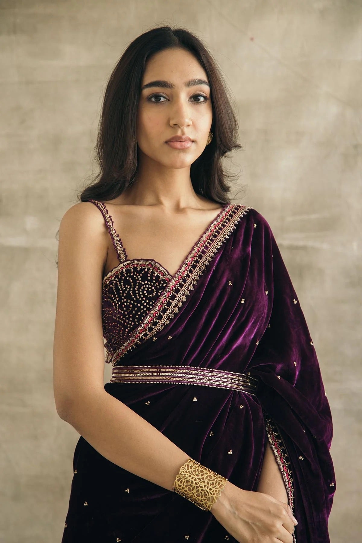 Velvet saree with sequins dori and thread work-Free size Saree