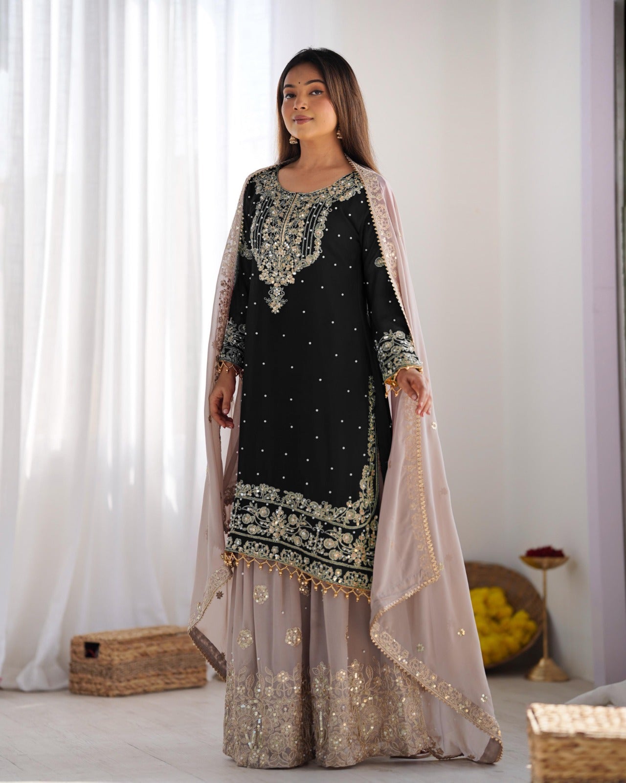 Heavy faux Georgette Embroidery With Dori Sequence Work Top Plazzo
