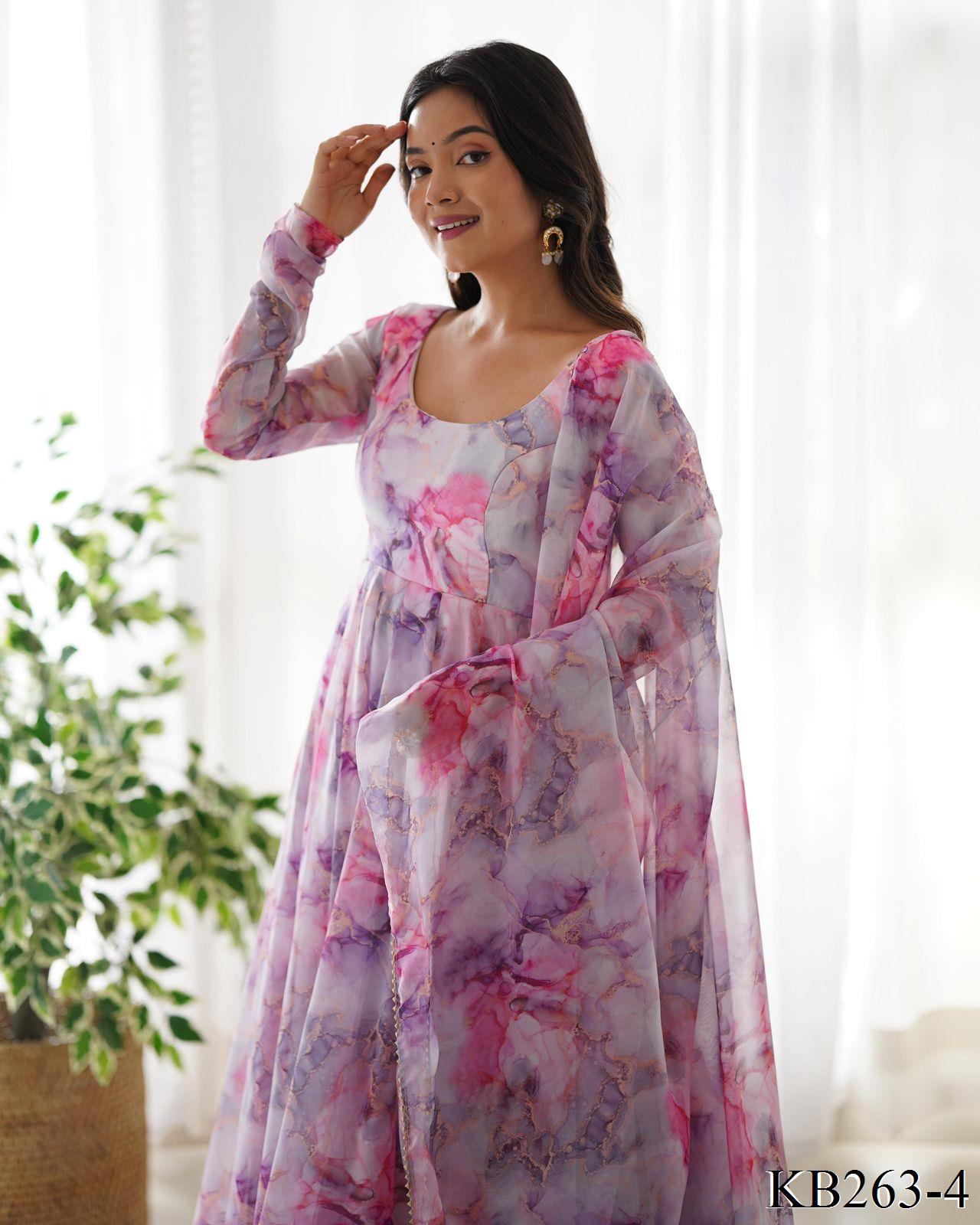 Holi Special Printed Organza Silk Full Stitched Anarkali Gown  With Kali Cut & Canvas Patta