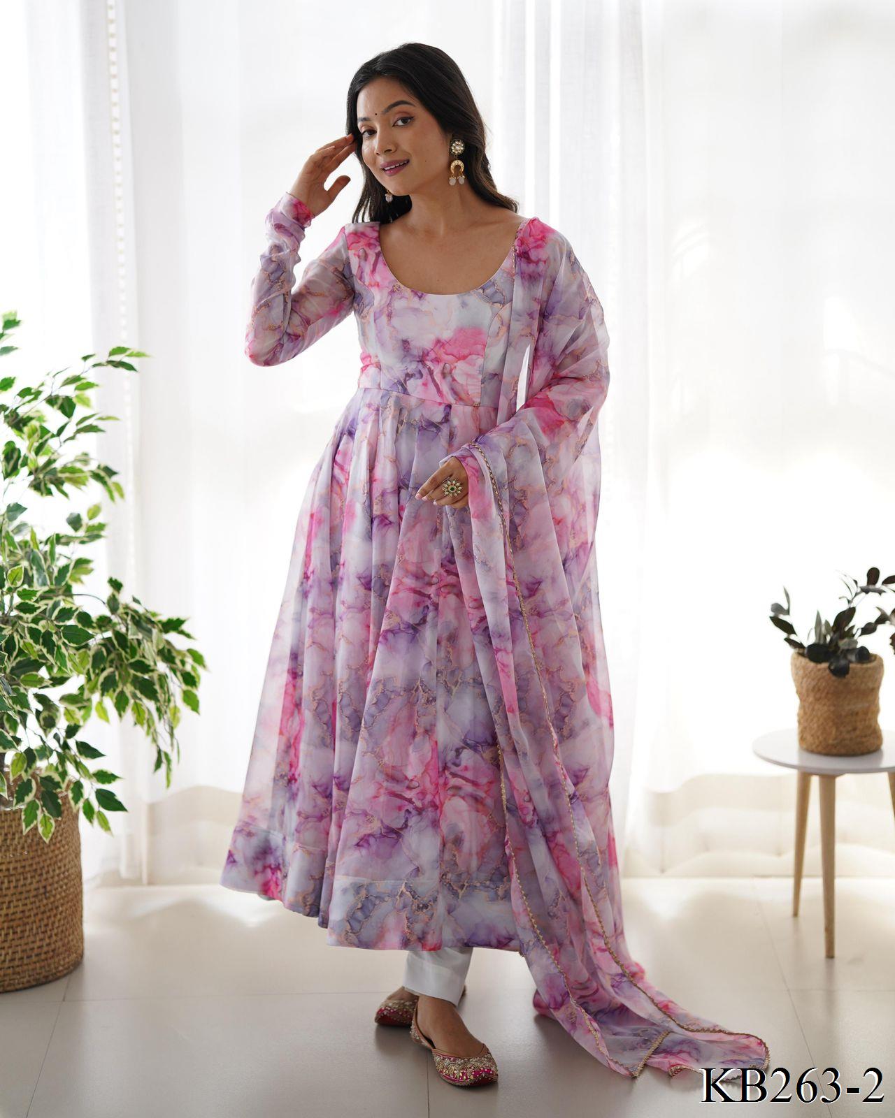 Holi Special Printed Organza Silk Full Stitched Anarkali Gown  With Kali Cut & Canvas Patta