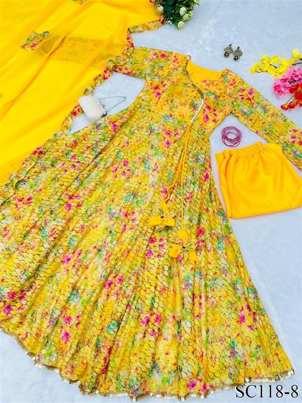 Digital printed French net Anarkali suit with huge flair