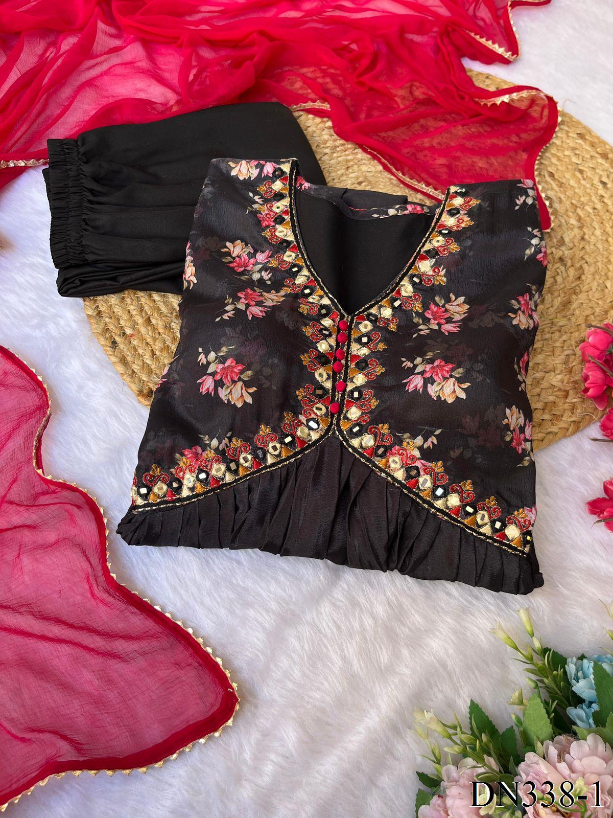 Black unique Digital Printed Alia-cut Kurti With Pent & Dupatta