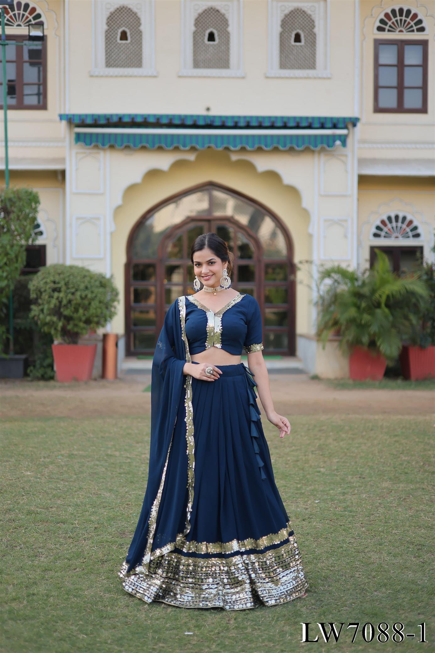 Faux Georgette With Thread Embroidery Work Lehenga