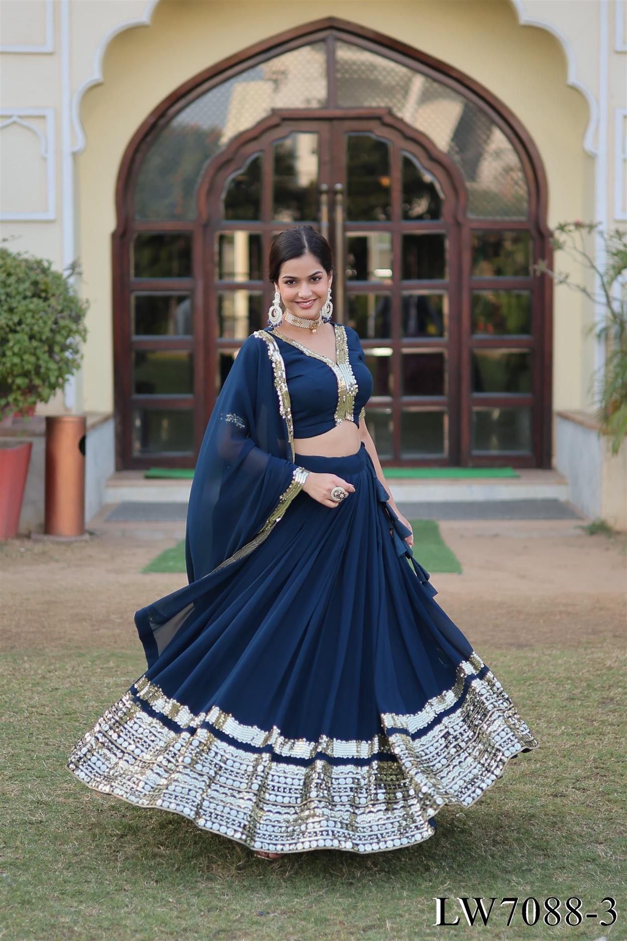 Faux Georgette With Thread Embroidery Work Lehenga