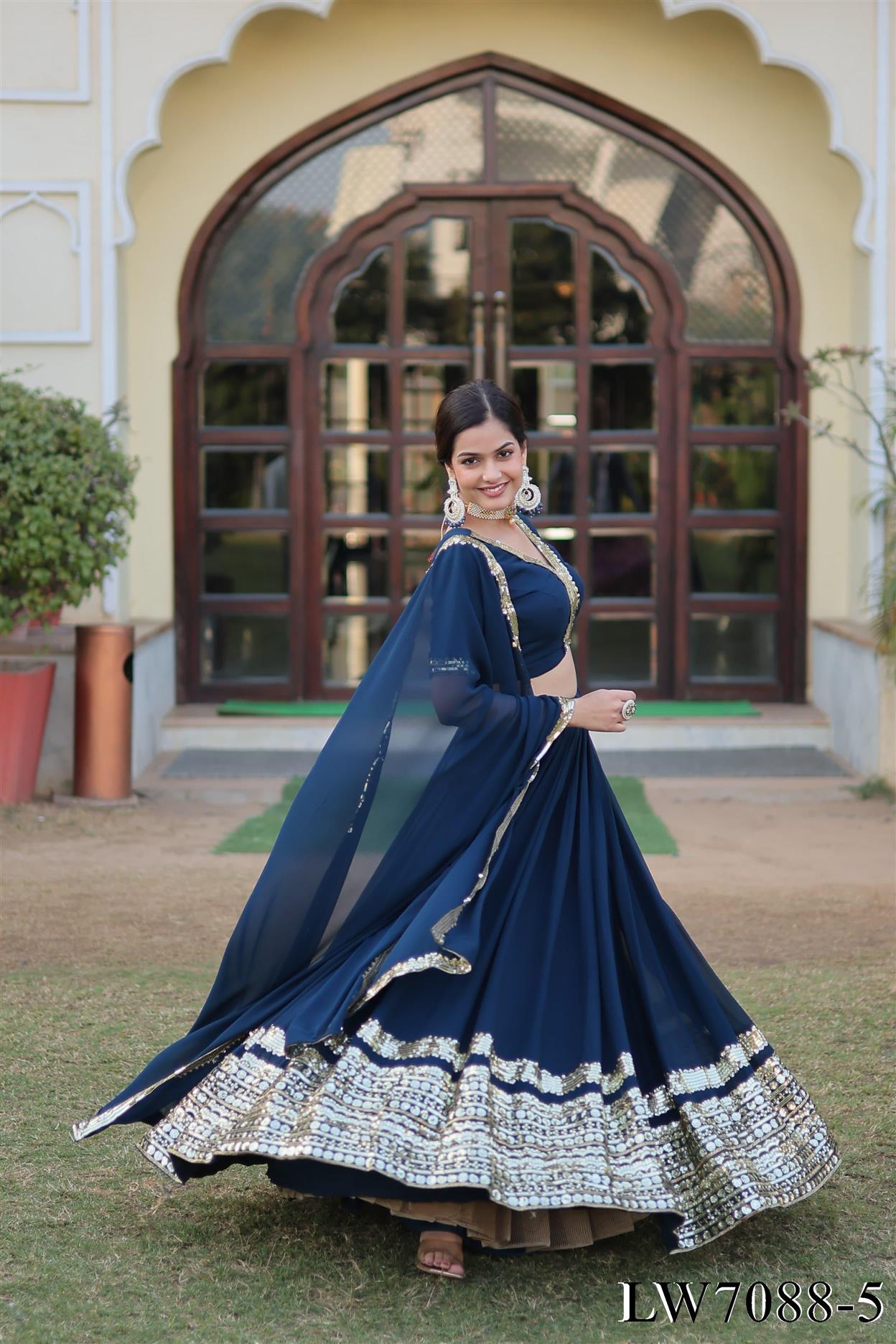 Faux Georgette With Thread Embroidery Work Lehenga