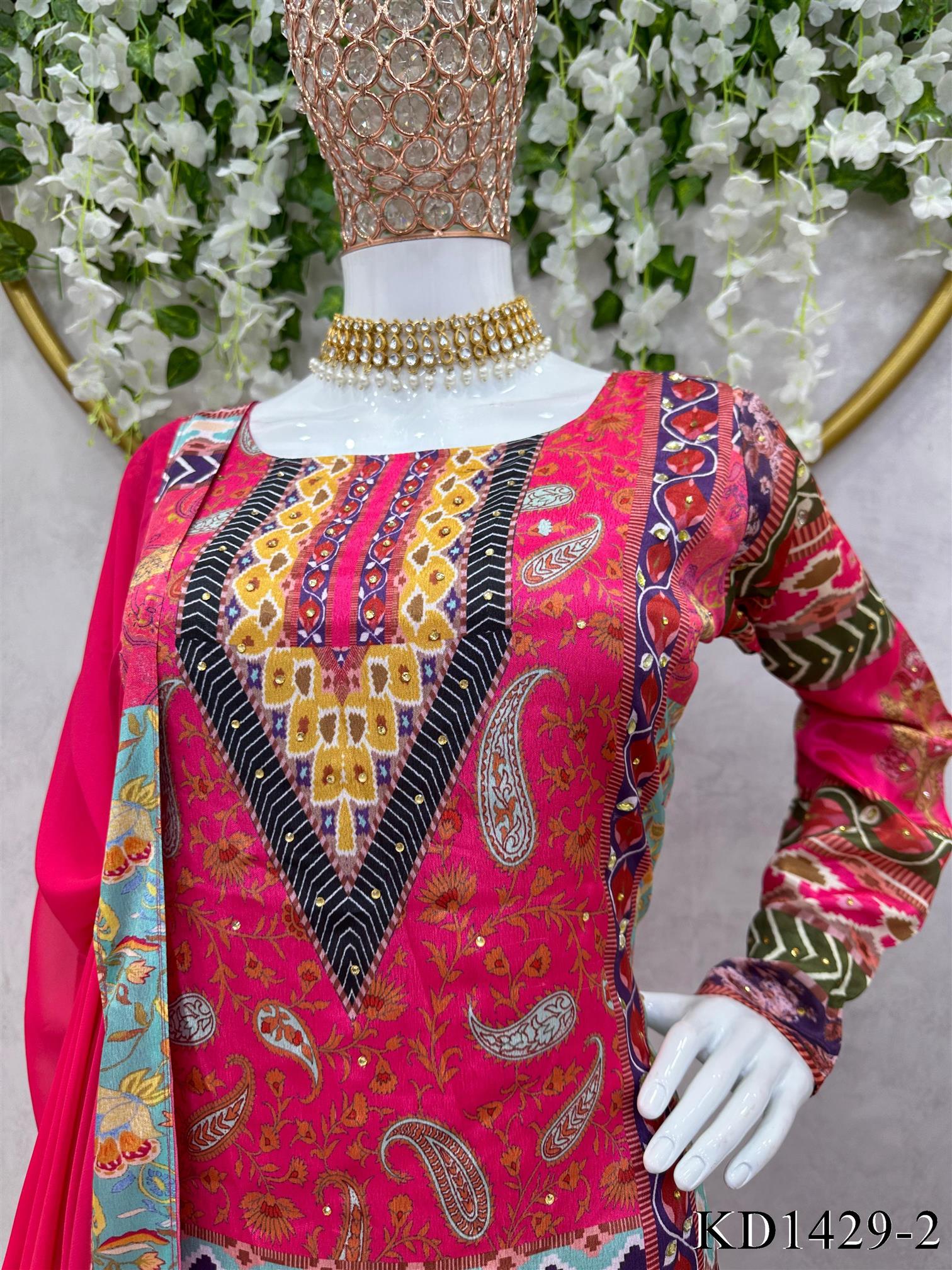 Fashionable Satin Silk Digital Print With Diamond Work Top Bottom With Dupatta