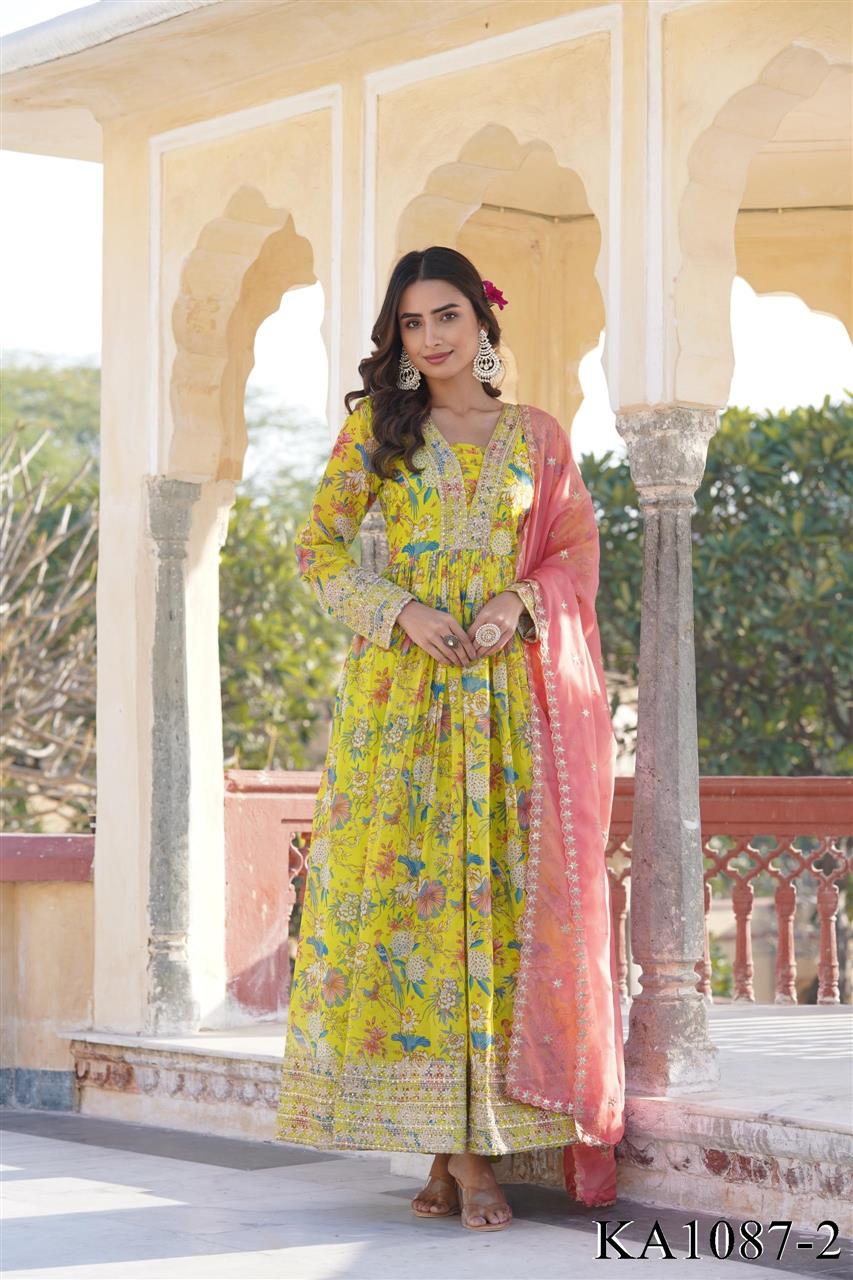 Digital Printed Russian Silk Gown Dupatta With Embroidery Zari Sequins Work