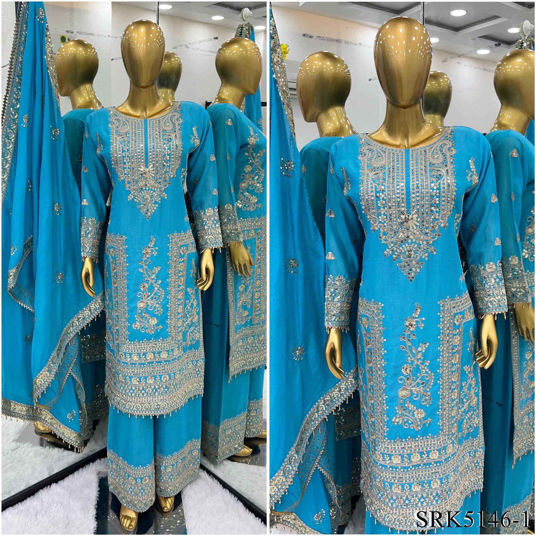 Pure Chinnon Silk Heavy Embroidery Coding Dori-Sequence Work With Full Sleeve